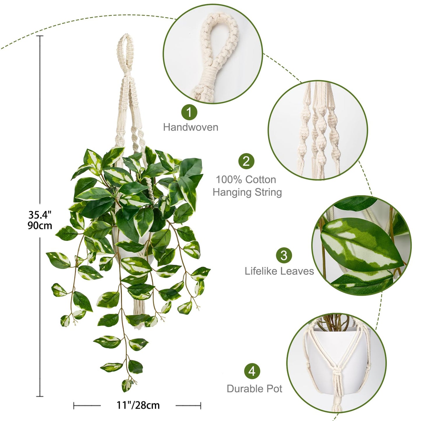 Briful Macrame Hanging Plant with Fake Pothos in White Pot, White N' Joy Faux Hanging Decor for Home Ceiling, Farmhouse Kitchen