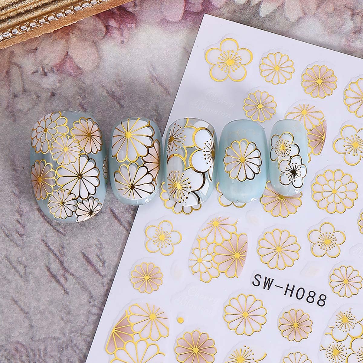 6 Sheets Flower Nail Stickers with Leaf Design Nail Decals 3D Self-Adhesive Gold Hollow Out Floral Nail Art Stickers Spring Summer Nail Decoration for Women DIY Manicure Supplies