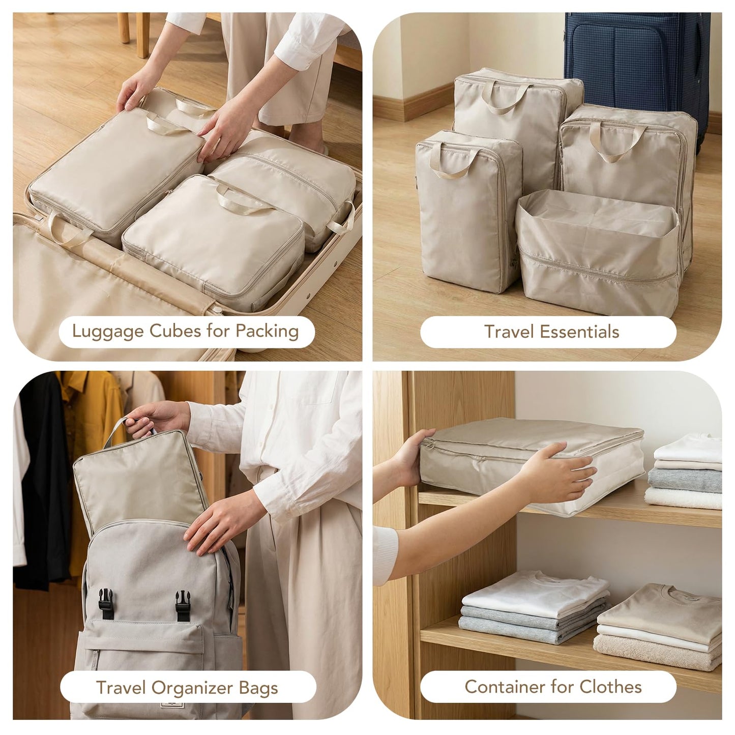 Packing Cubes for Travel,Space-Saving & Stylish Minimalist Design Lightweight,Traval Organizer Bags for Luggage，Compression Packing Cubes Set 4 - Gifts for Women Beige