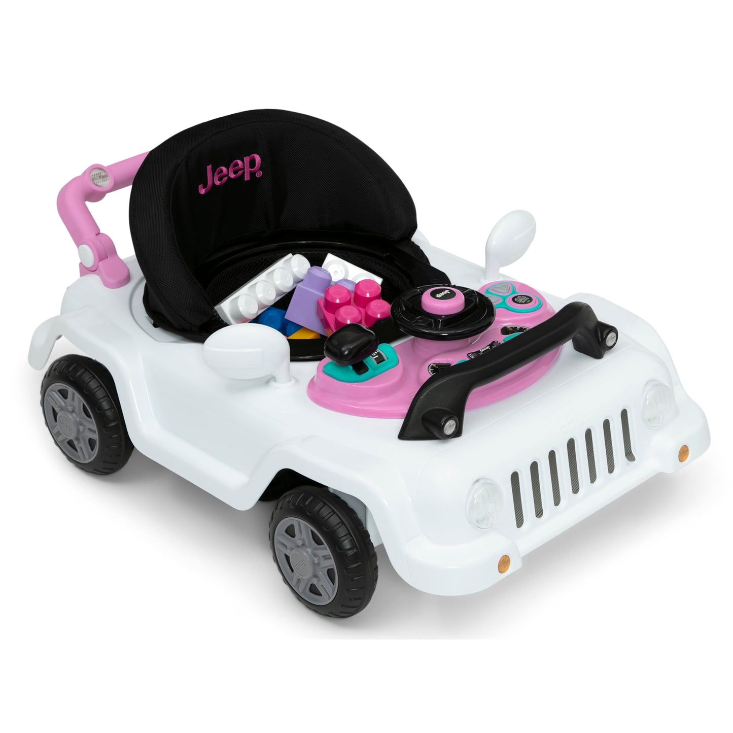Jeep Classic Wrangler 3-in-1 Grow with Me Activity Walker - Features Music, Lights, Removable Play Tray, Push Walker Mode, Converts into Rolling Car Toy, White/Pink