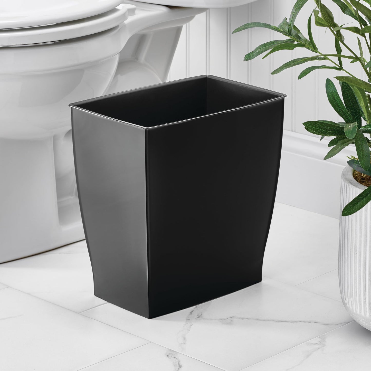 iDesign Small Plastic Bathroom Trash Can, Slim Rectangle Garbage Bin for Bedroom, Office, Dorm, Black