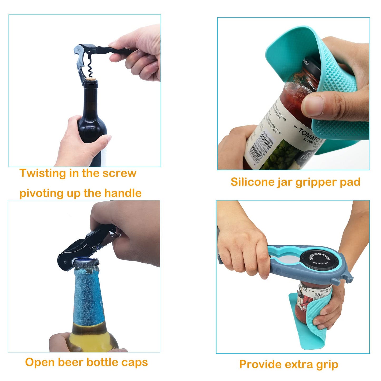 Otstar Jar Opener & Bottle Opener Set for Weak Hands - Multi-Function Kitchen Opener Tool for Seniors with Arthritis, Elderly - Includes Jar Lid Gripper Pad, Corkscrew Opener