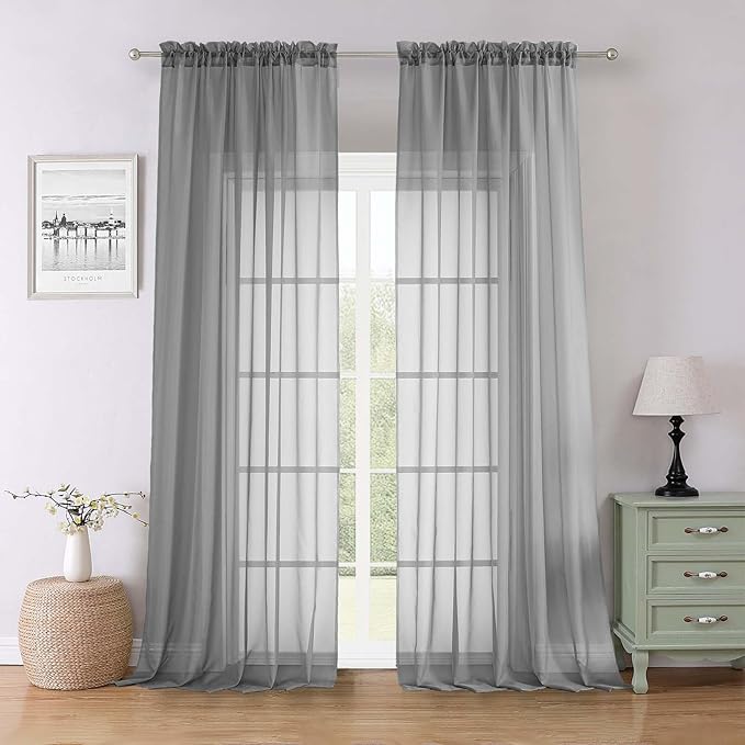 Lecloud Charcoal Grey Sheer Curtains for Living Room 96 Inches Long 2 Pcs, Airy Solid Color Light Filtering Curtains for Bedroom Dining Room, Dual Rod Pocket Drapes, Each Panel 59" W x 96" L