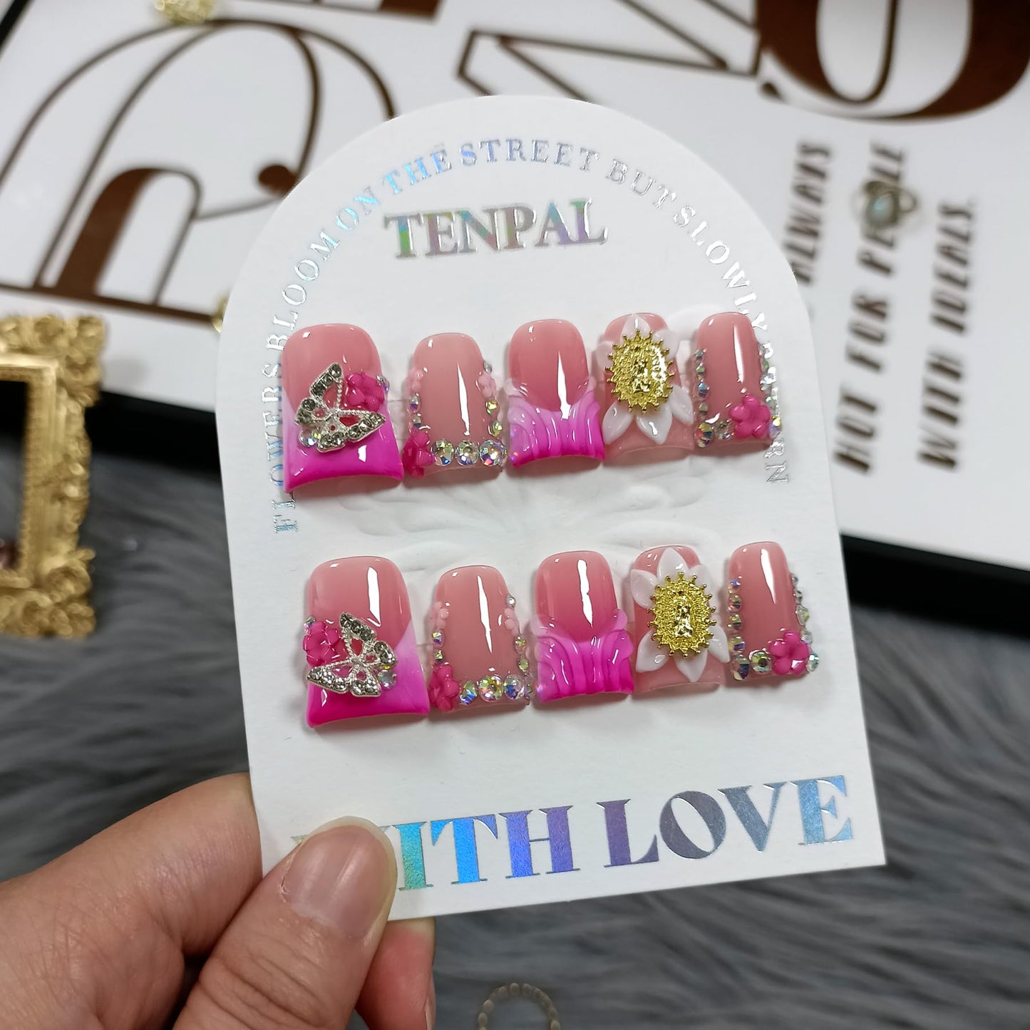 TENPAL Duckbill Press on Nails,Glossy Pink French Tip Fake Nails with 3D Butterfly & Rhinestone Design,10PCS Glitter False Nails for Everyday Wear Party Vacation Work,Duck Shape Glue on Nails(L)