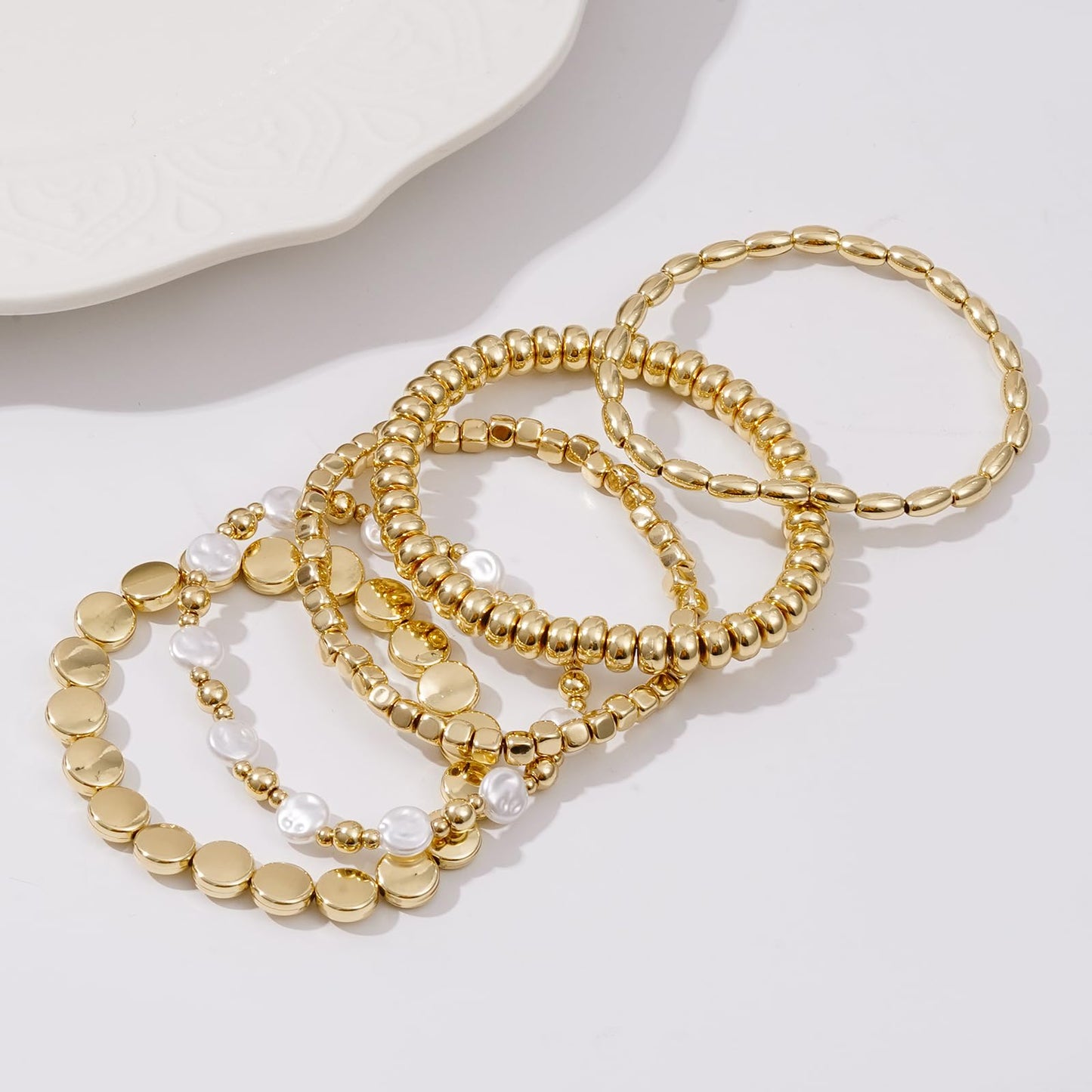 Sajidos Gold Plated Beaded Bracelets for Women Trendy, 14K Gold Plated Stack Cross Pearl Gold Plated Bead Stretch Bracelets Set Elastic Hypoallergenic Bracelets Jewelry Gifts
