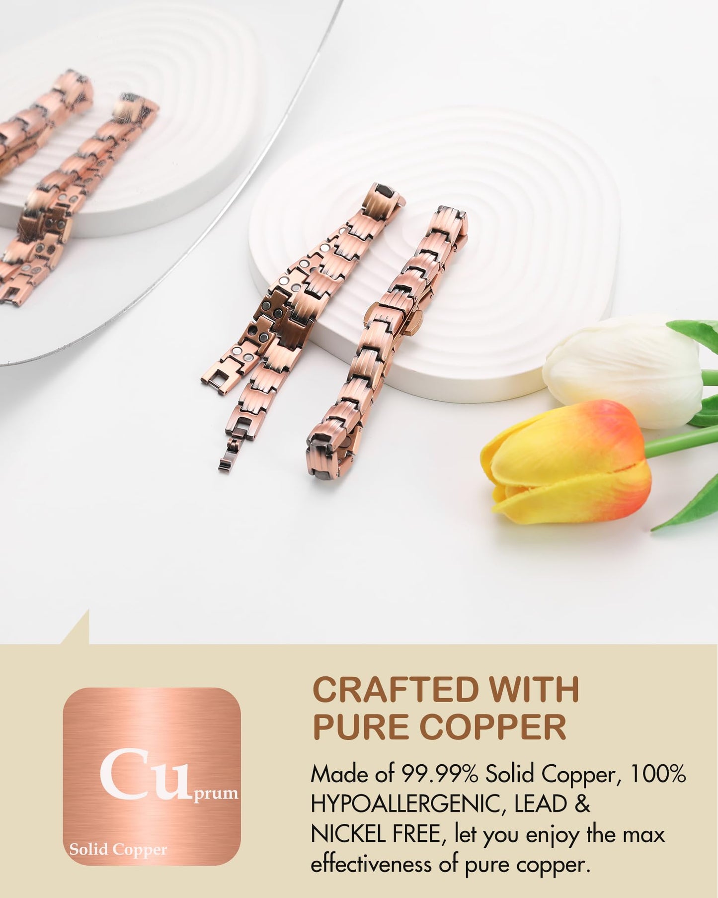 Feraco Pure Copper Bracelets for Women, 5X Ultra Strength Magnetic Bracelet with 5000 Gauss Neodymium Magnets & Upgraded Butterfly Clasp, Adjustable Jewelry Gift (Retro Style)