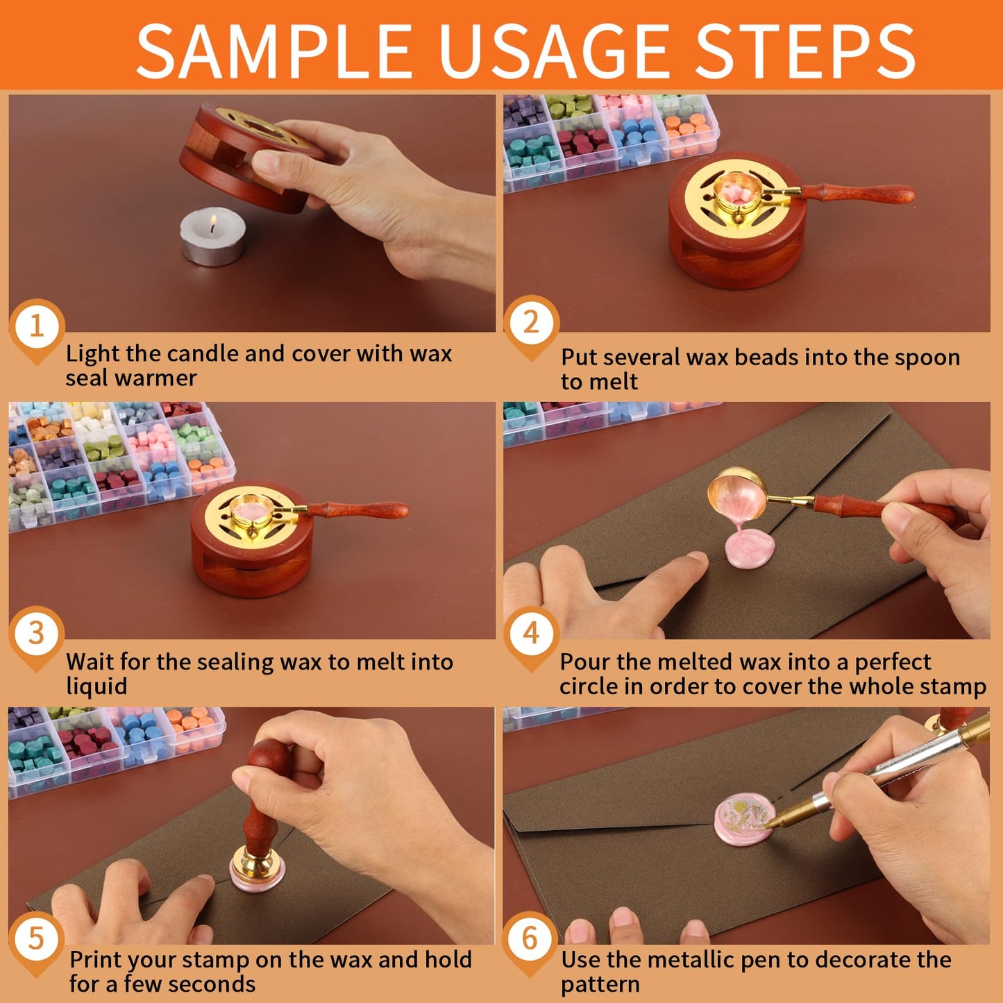 Kit,Dried Flower Accessory Tools,Premium Wax Seal Stamp Kit with 24 Colors 624 Pcs Beads, 4 Pcs Stamps, Sealing Wax Warmer, Envelope, Candles for Wedding Birthday Gift and DIY Craft