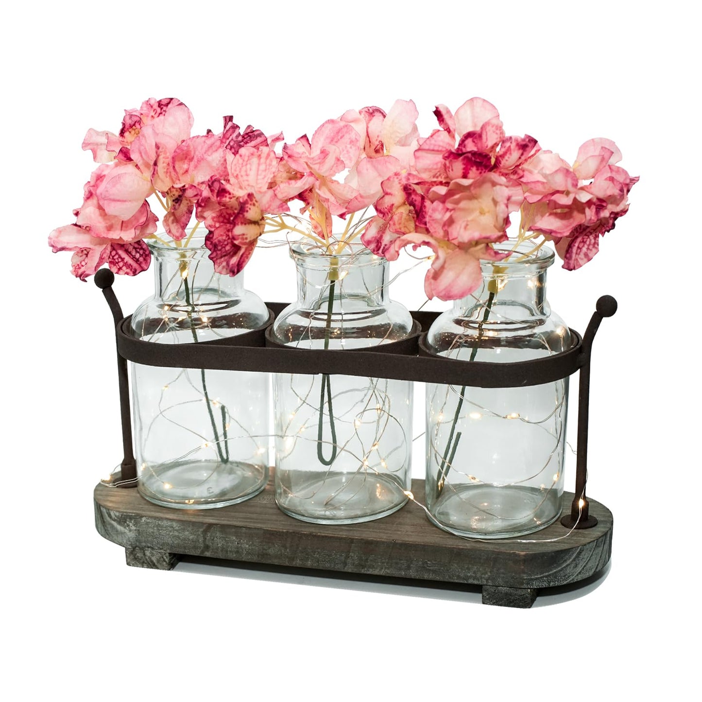 Funsoba Vase Set with Flower and LED Lights, 3 Glass Mason Jars with Artificial Peony Flowers, Rustic Gray-Washed Wood Tray, Farmhouse Table Decor