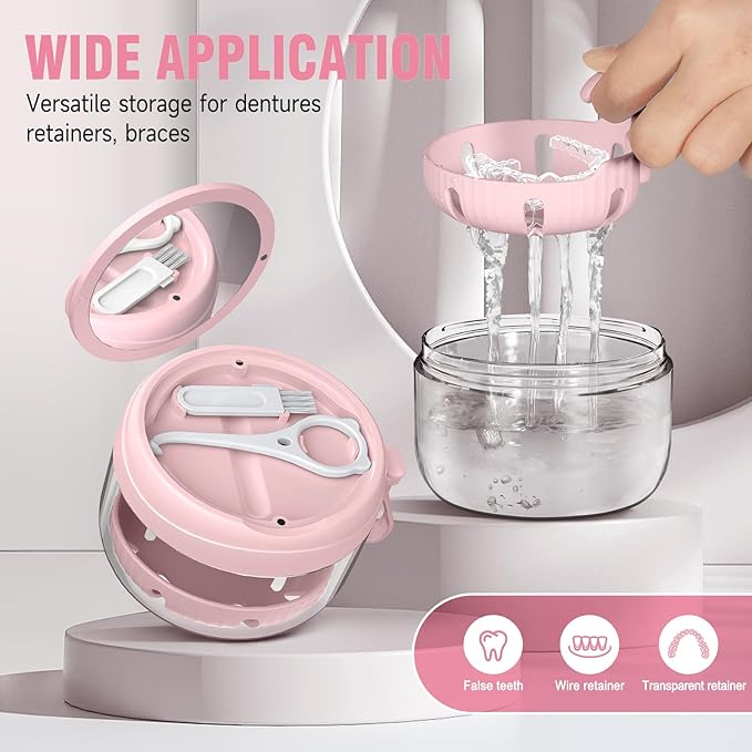 Denture Bath Box Cup, Leak Proof Denture Cup Kit Portable Retainer Case for Travel, Denture Case Cleaning Care for Dentures Aligner Mouth Guard with Denture Brush,Strainer, Removal Tool and Mirror