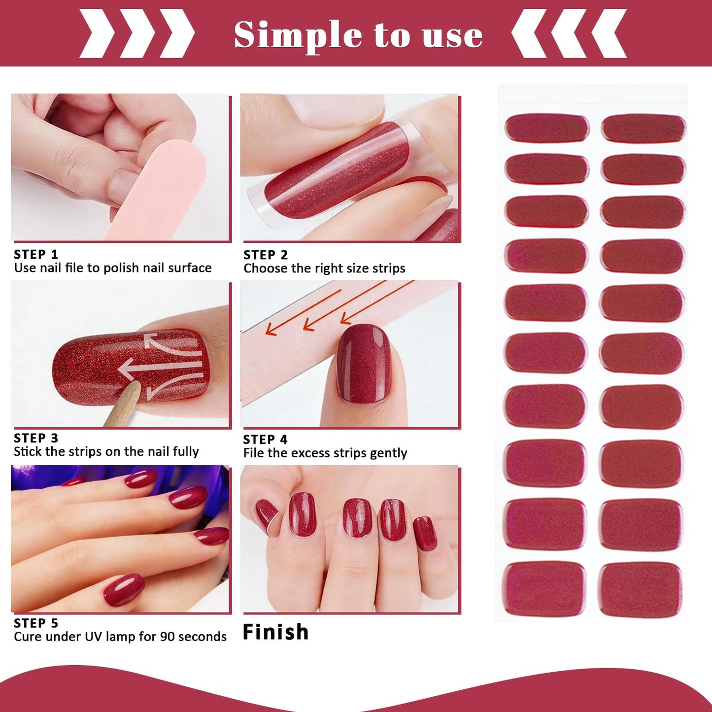 YECIRALA 2 Sheets 40 Tips Semi Cured Gel Nail Strips Kit (Magic Metallic Burgundy & Purple) Semi Cured Nail Polish Strips Stickers Chrome Metallic Effect Gel Nail Wraps with Nail File & Wooden Stick