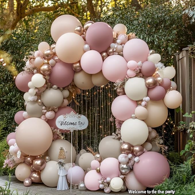 Dusty Pink Rose Balloon Garland Kit, Double Stuffed – Mauve, Light Pink, Blush, Nude, Beige & Champagne Gold Latex Balloons for Boho Birthday, Baby Shower & Bridal
