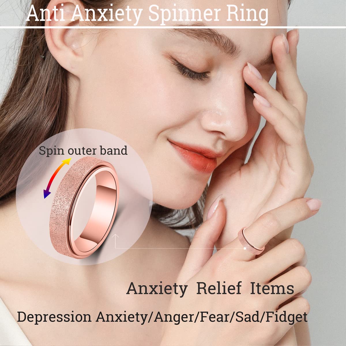 OreilleStar Anxiety Ring for Women Fidget Spinner Ring Fidget Toys Adults Titanium Stainless Steel Thumb Ring 6mm Wide Rose Gold Size 7