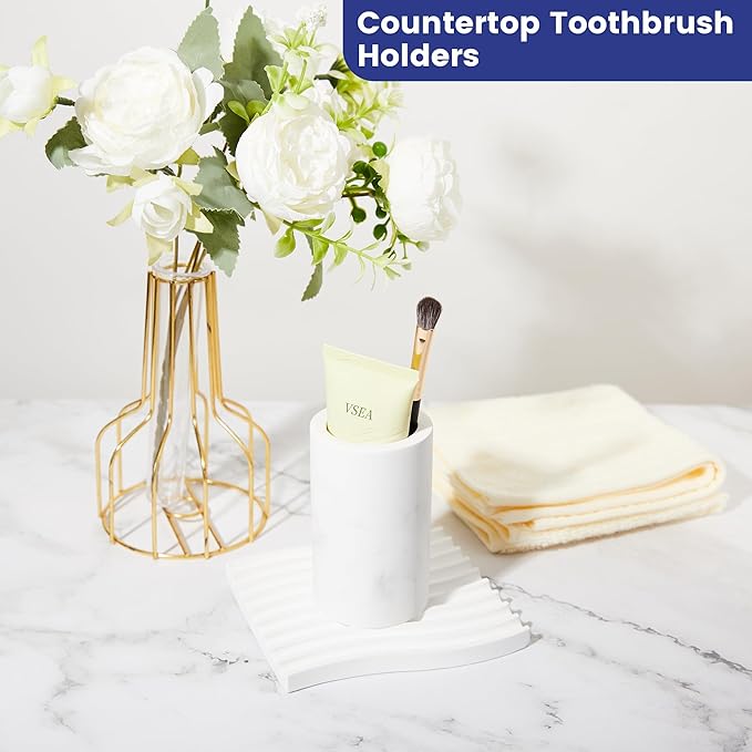 Diatomite Toothbrush Holders for Bathrooms, Electric Tooth Brush and Toothpaste Holder for Bathroom Countertop, Marble White Toothbrush Organizer Bathroom Accessories