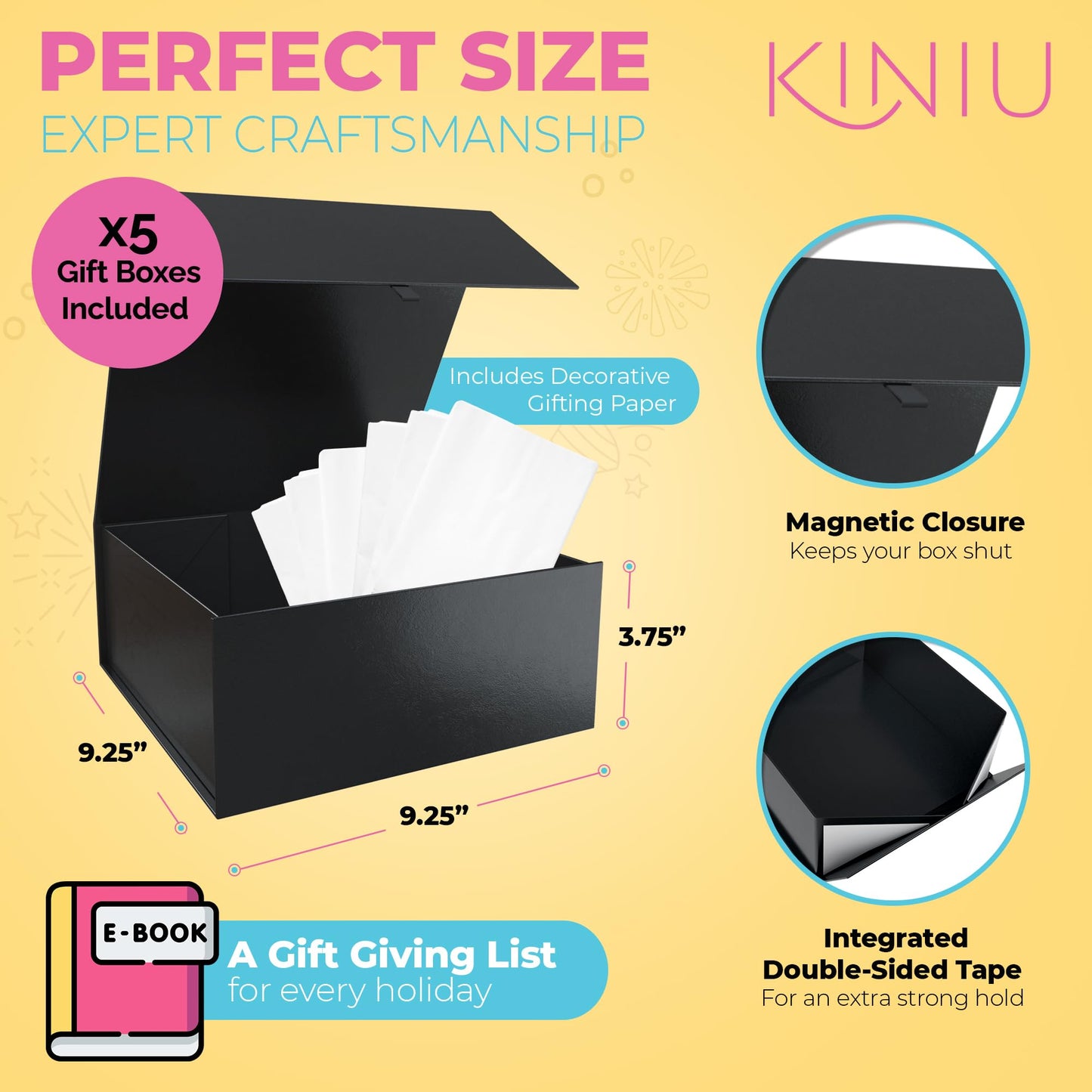 Kiniu 5Pack Black Gift Boxes with Lids Bulk - Gift Boxes for Presents with 25PCS White Tissue Paper - Black Gift Box Set - Collapsible Magnetic Closure Box for Bridesmaid Proposal Boxes, Groomsman Box, Wedding, Birthday, Shirt - 9.25x9.25x3.75 Inches
