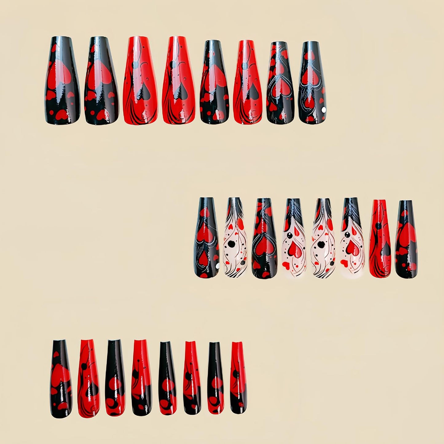 CJDLTS Heart Press On Nails Long Length Ballet Shaped Full Cover Glossy Acrylic False Nails 24pcs/Box Red, Black Hearts