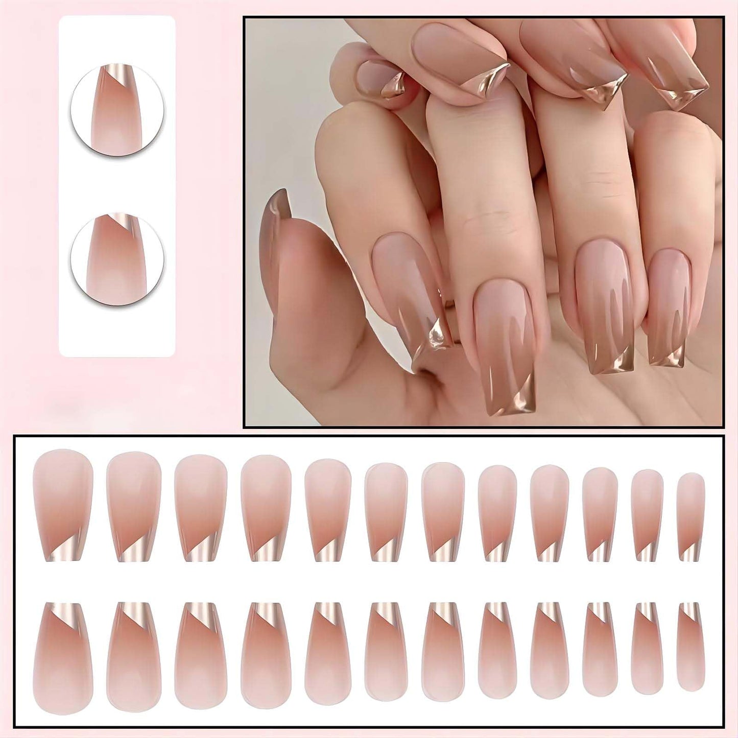 RUOKEXIN Medium Press on Nails Coffin Fake Nails with Designs Nude Gradient Acrylic False Nails with Glue French Gold Tip Artificial Nails Glossy Fake Fingernails Stick on Nails for Women 24Pcs