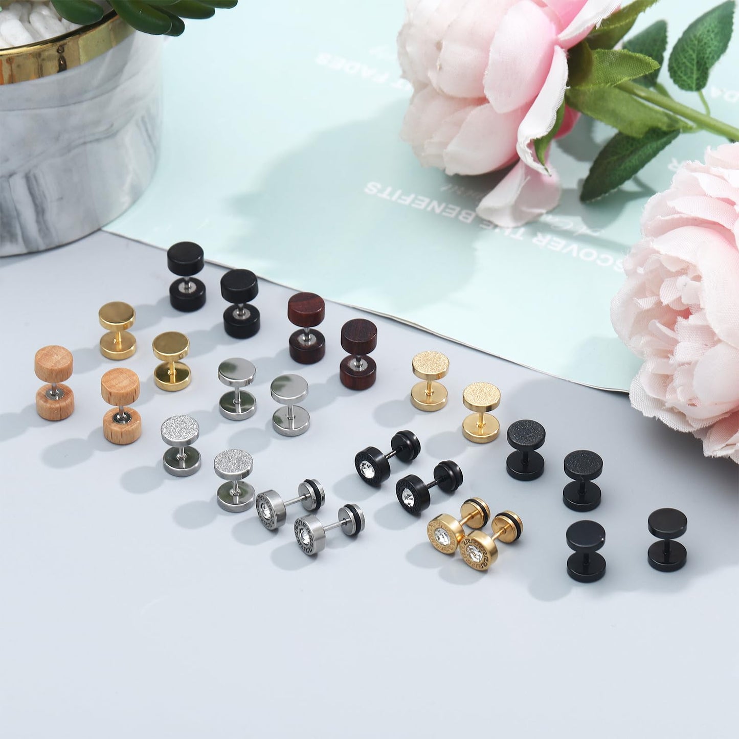 SUBANG 12 Pairs Stainless Steel Stud Earrings for Men Faux Gauges Earring Hypoallergenic Earring Flatback Dot Studs Screw Back Earrings for Women Men