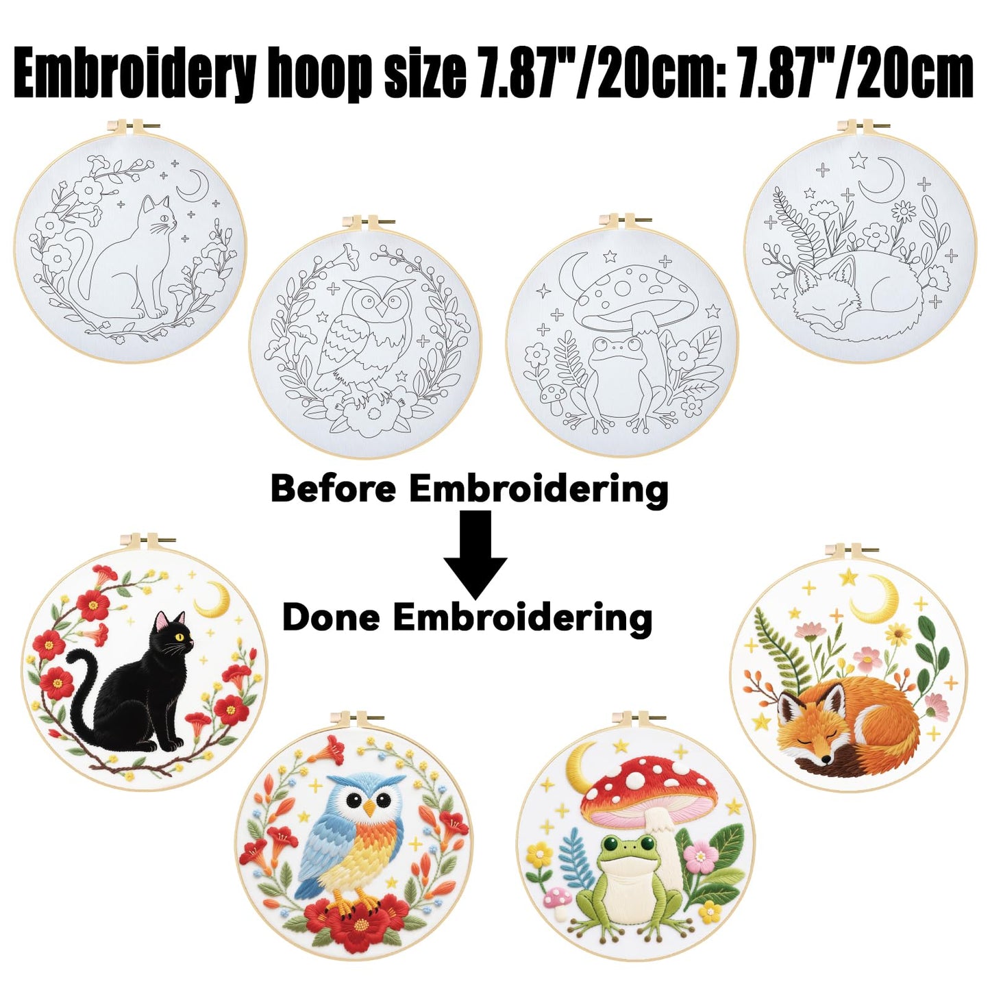 ORIGACH 4 Pack Animal Embroidery Kits Cat Frog Owl Fox Embroidery Sampler Kit Include Adjustable Hoops and Instruction Starter DIY Needlepoint for Adult Beginners