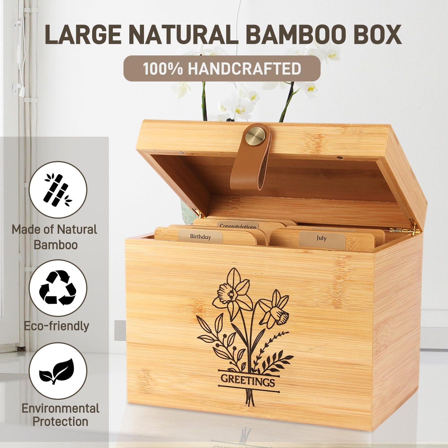 Large Bamboo Greeting Card Organizer Box with 6 Removable Dividers, Real Leather Handle, 100% Handmade Solid Bamboo, Storage Box for Christmas, Valentine, & Birthday Cards, Postcards, Stationery