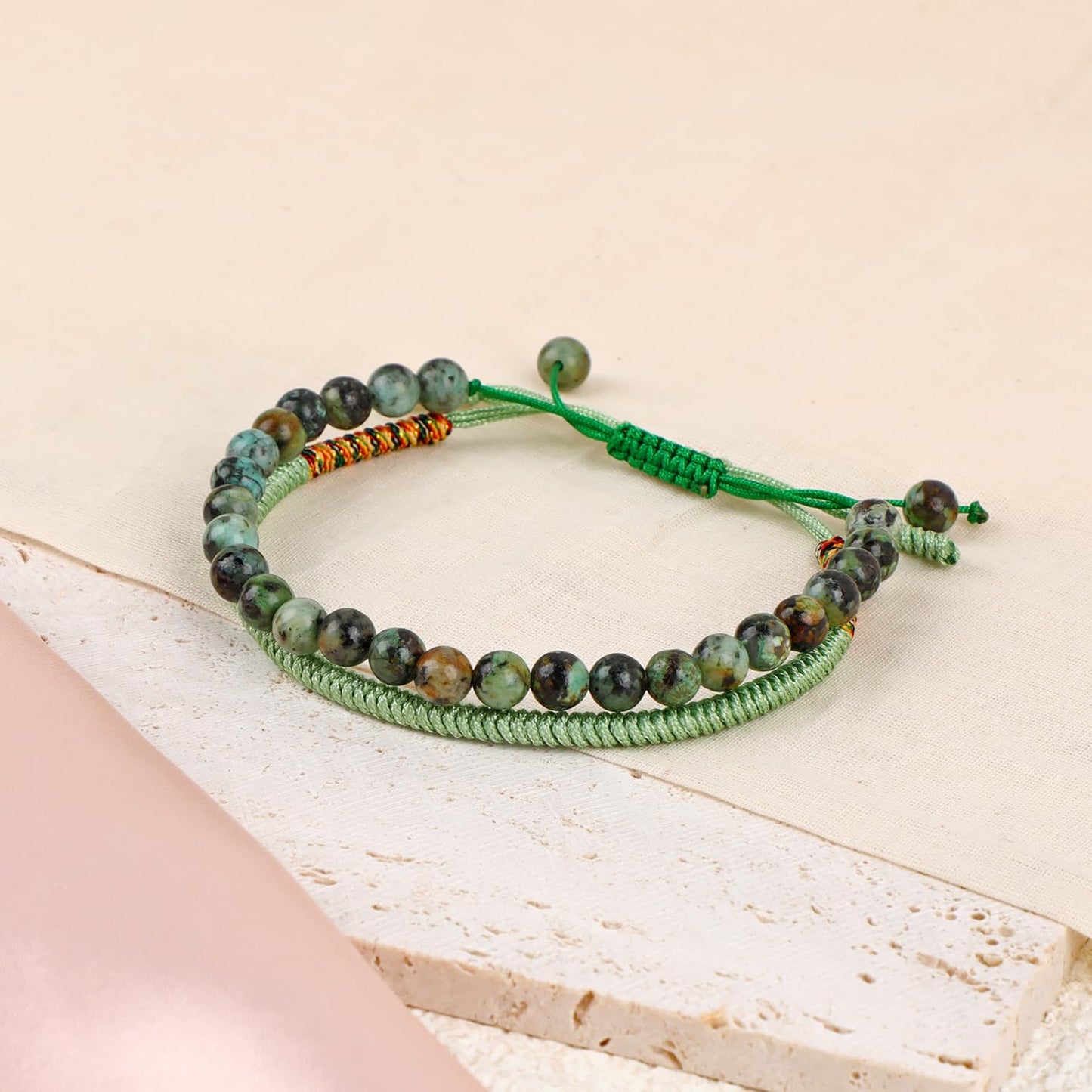 LPBeads 6mm African Turquoise Bracelet with Handmade Rope Bracelet Size Adjustable Natural Stone Crystal Healing Bracelets Gifts for Unisex Adults