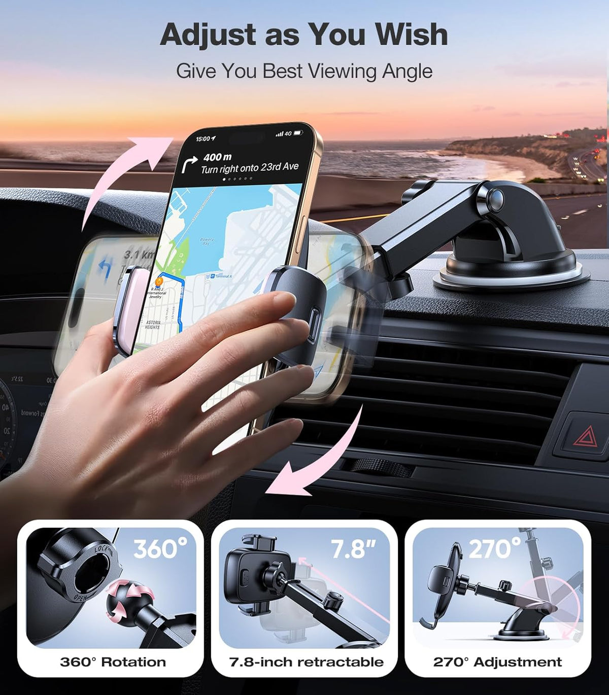TORRAS Pink Phone Holders for Your Car【True Military-Grade & Strongest Suction】, Universal Car Phone Holder Mount Truck Cradle Stand for Dashboard Windshield Vent, Pink Car Accessories