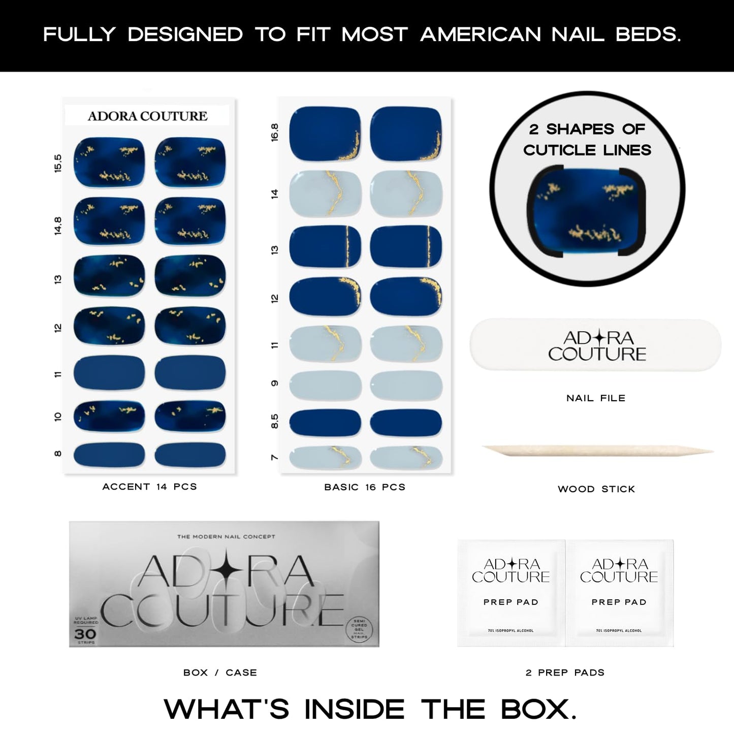 Adora Couture Semi-Cured Gel Nail Strips - 30 Salon-Quality Stickers with UV Light Required, Long Lasting, Easy Application & Removal, Includes Prep Pads, Nail File, Wooden Stick (Blue Ocean)