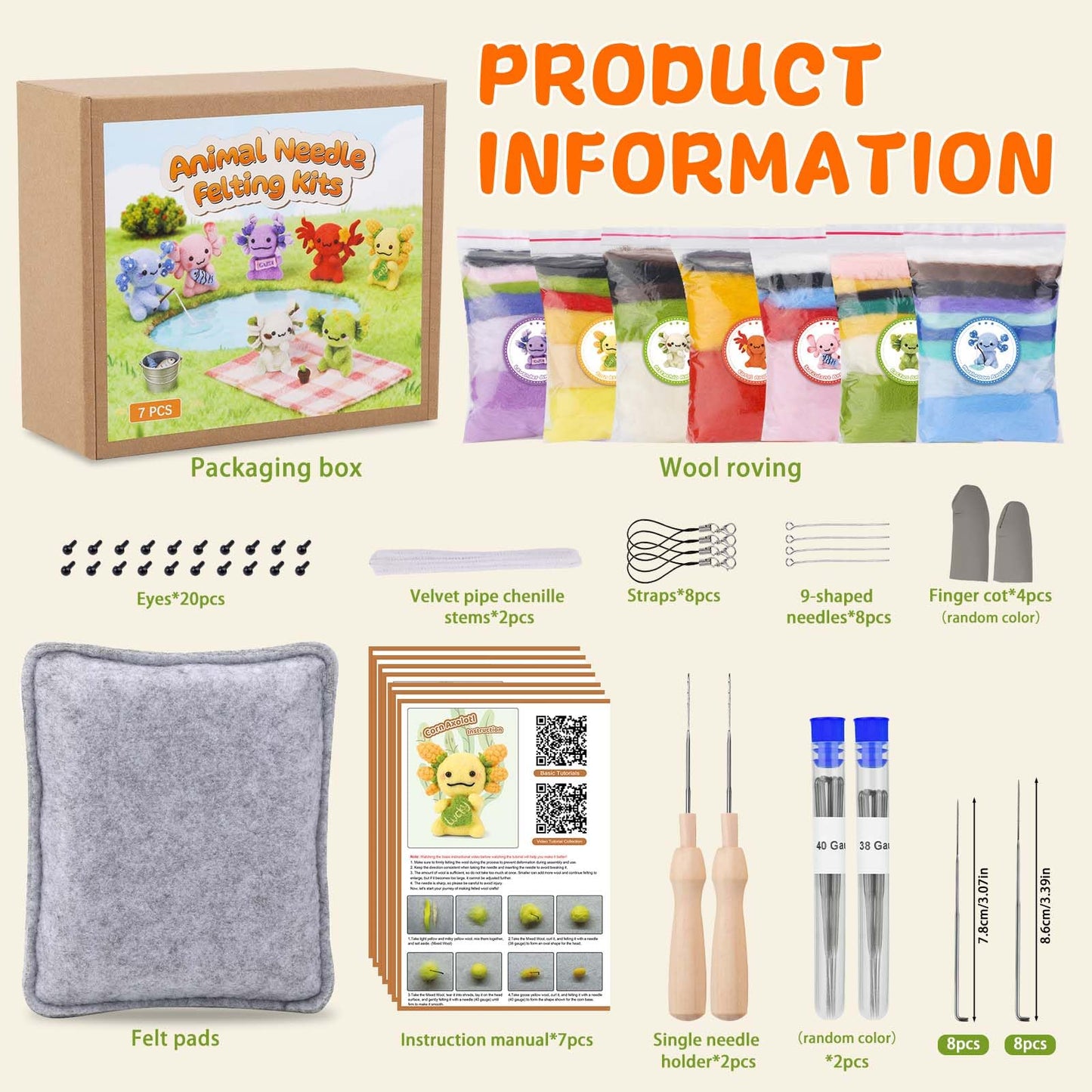 Yizzvb Needle Felting Kit, 7 Pcs Felting Kits for Beginners Adult, Felt Animal Kit, Wool Felting Tools Including Wool Roving, Foam Mat, Felting Needles and Instructions for DIY Felting Starters
