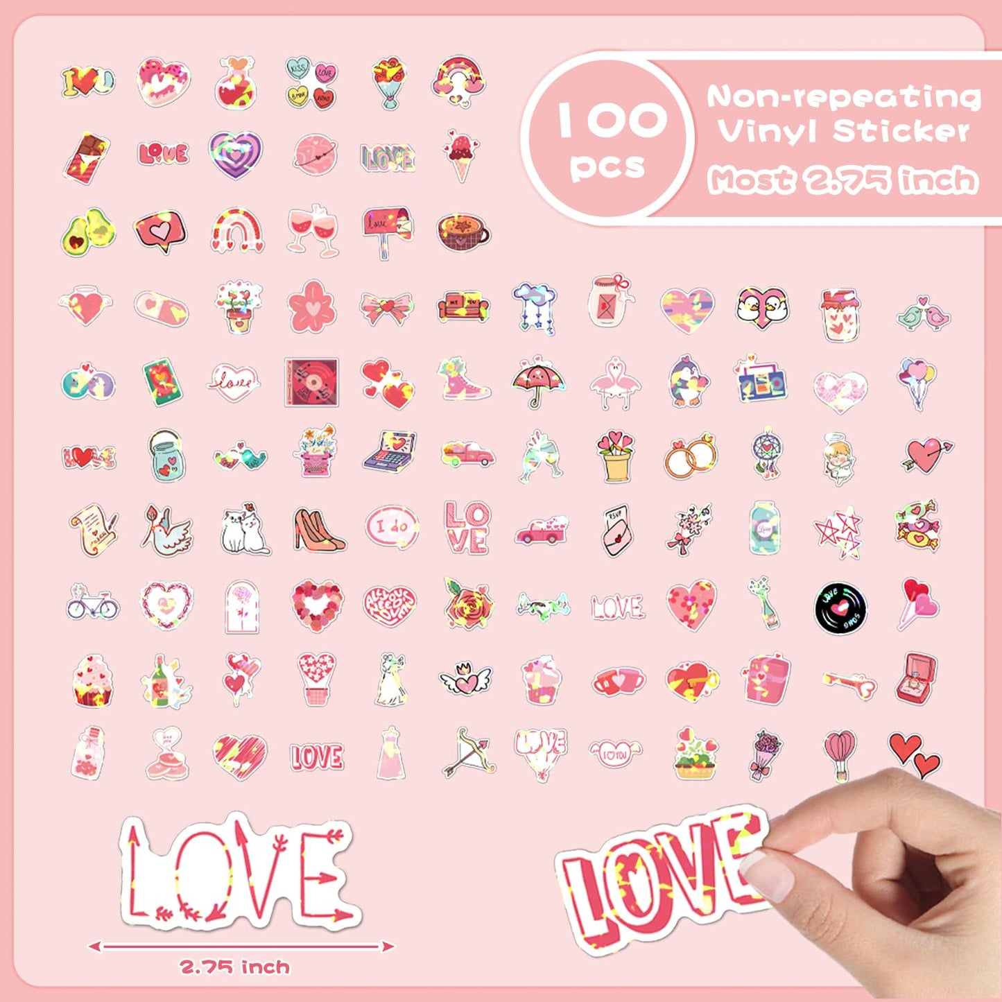 Valentines Stickers, Love Stickers, 100 PCS Holographic Valentine's Day Sticker, Pink Heart Decal Bulk, Waterproof Vinyl Sticker for Waterbottle, Scrapbooking, Envelope Card Mailbox Classroom Gift