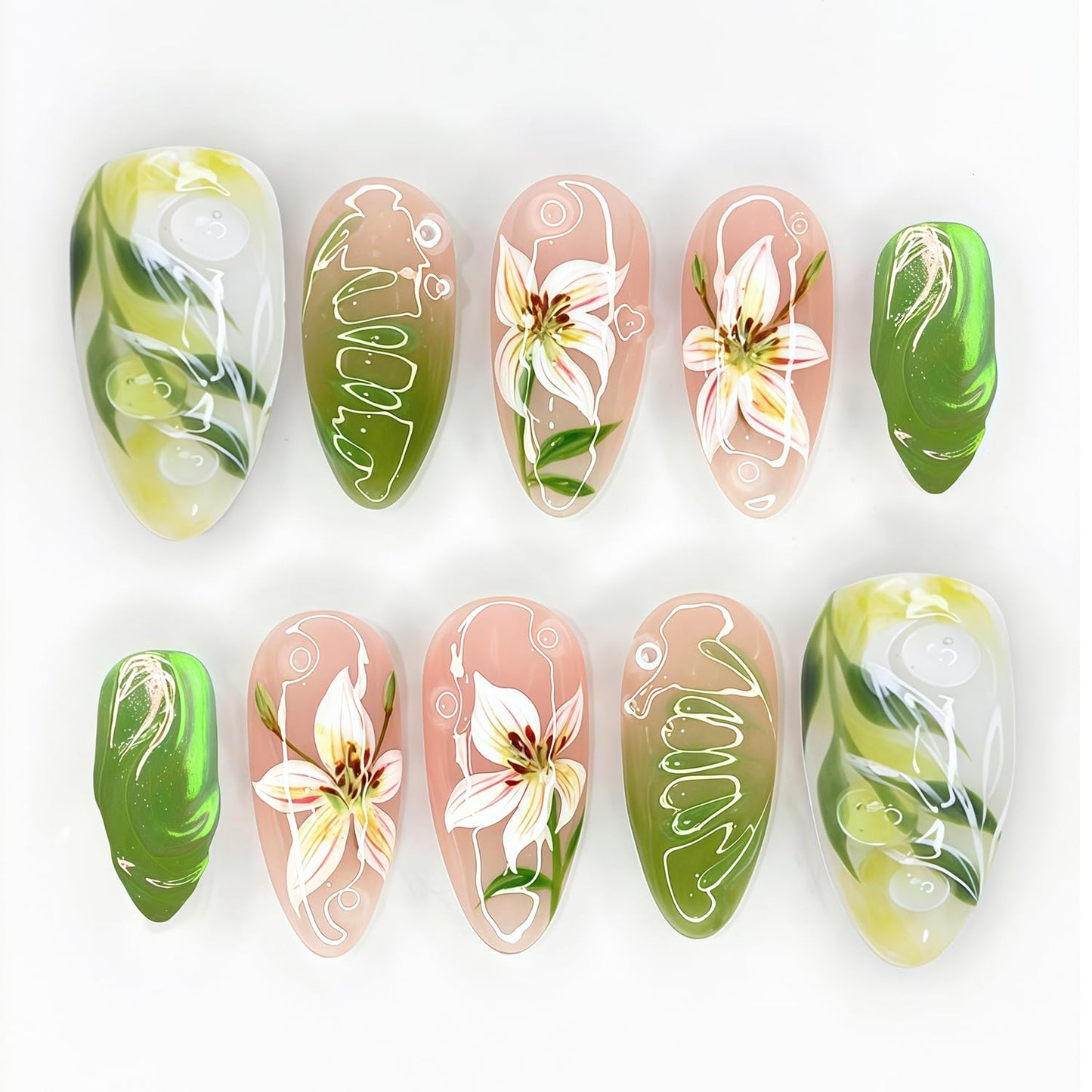 30Pcs Green Press on Nails Medium Almond Fake Nails with 3D Pearl Rhinestones Designs Spring Summer Acrylic Glue on Nails Lily Flower False Nails Gradient Green Full Cover Leaf Stick on Nail for Women
