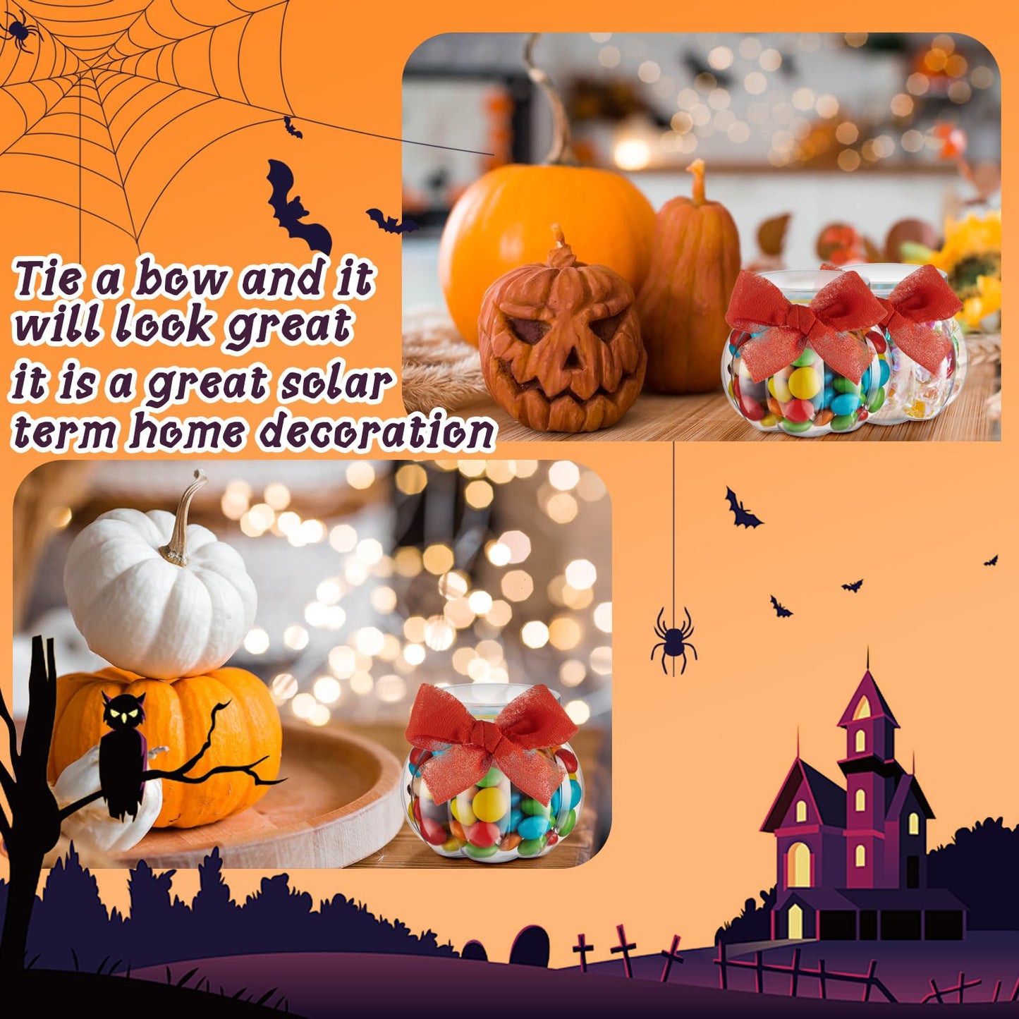Mimorou 48 Pcs Pumpkin Jar Bulk Plastic Thanksgiving Pumpkin Candy Jars with Bow Ribbon 8 oz/ 250 ml Clear Small Candy Bowl with Lids Snack Storage for Thanksgiving Home Wedding Party