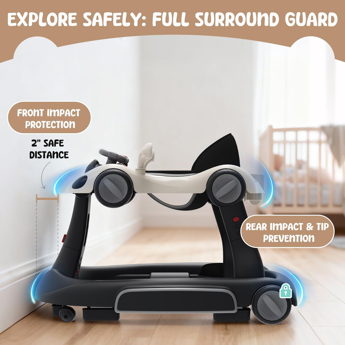 6 in 1 Foldable Baby Walker, Activity Baby Walker-Baby Bouncer, Rocker, Activity Center,Push Walker,Detachable Trampoline Mat, Adjustable Speed Rear Wheels and Height,Music & Lights,Ages 6-18 Months