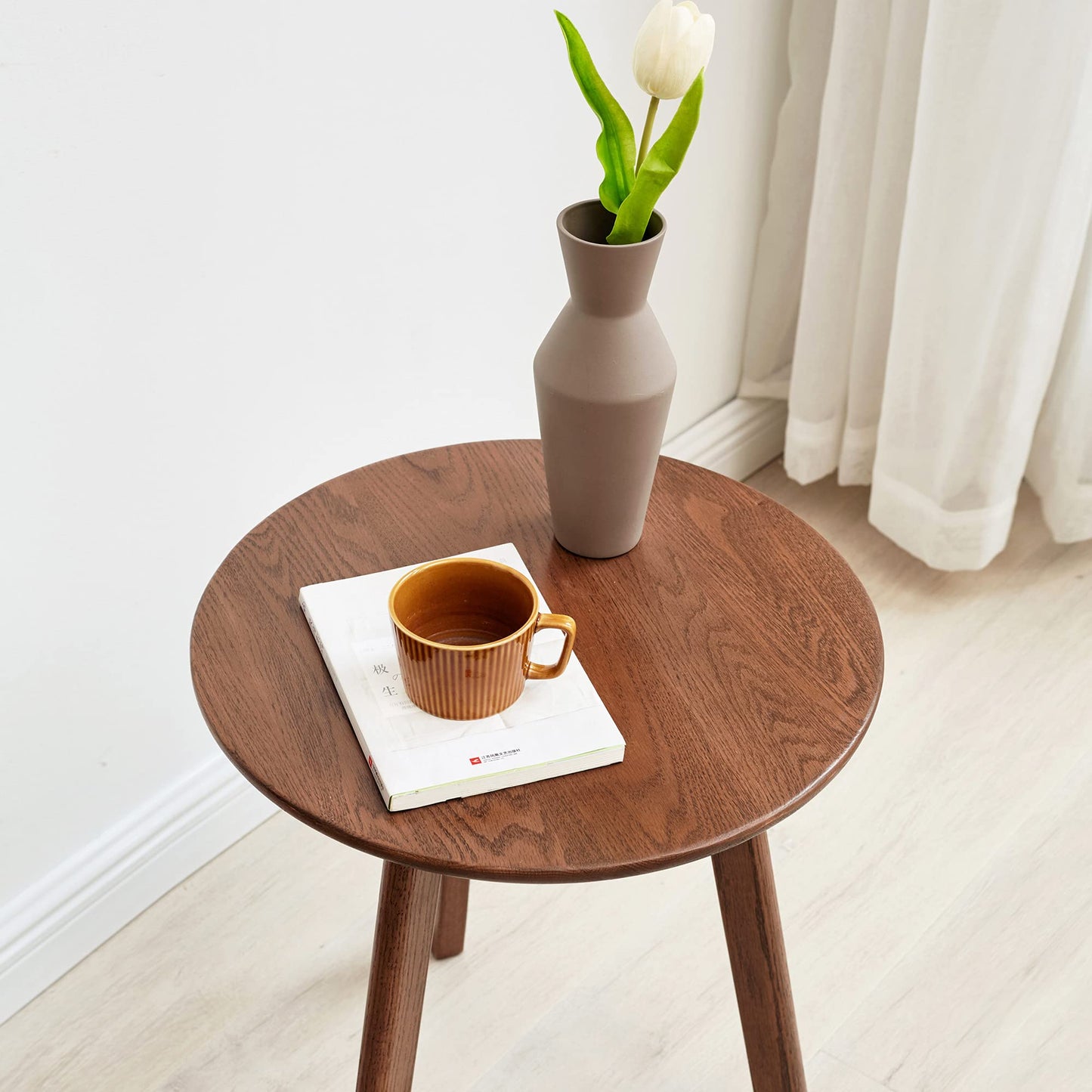 LIFE SKY Round End Table: Modern Solid Oak Wood Side Table with Three-Leg Design - Compact Balcony Plant Stand for Small Spaces & Urban Apartments