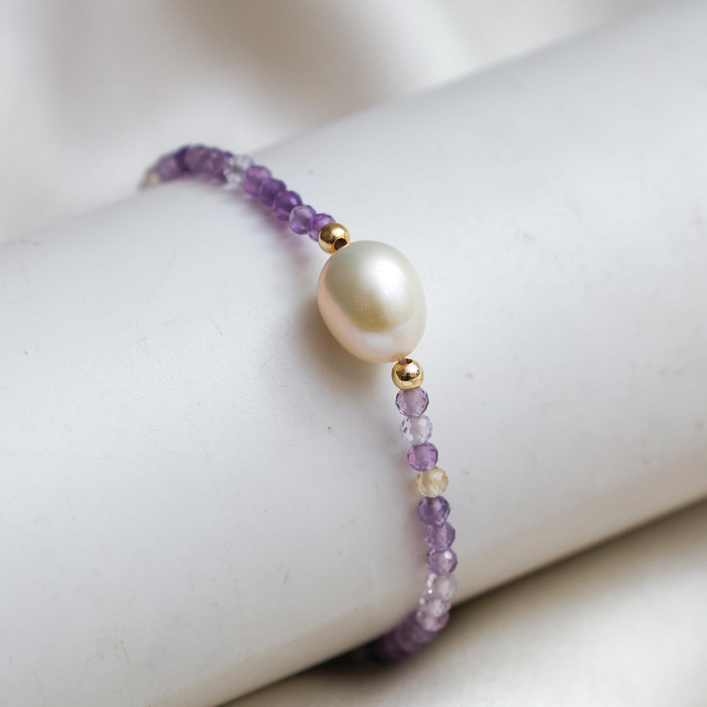 Gempires Ametrine Bracelet for Women Handmade Natural Ametrine Crystal Beads 14k Gold-Plated Stackable Boho Jewelry Healing Energy Gemstone Hypoallergenic Birthstone Gift