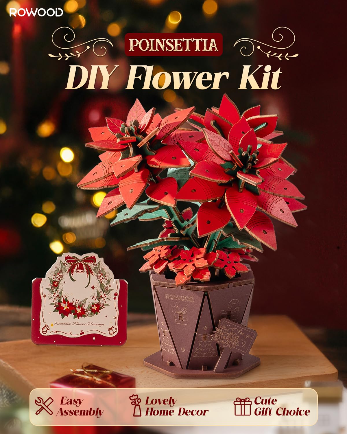 Rowood 3D Puzzles for Adults,Poinsettia Building Set Craft Kit,Artificial Flower Botanical Collection,Christmas Flowers Decoration Centerpiece for Table