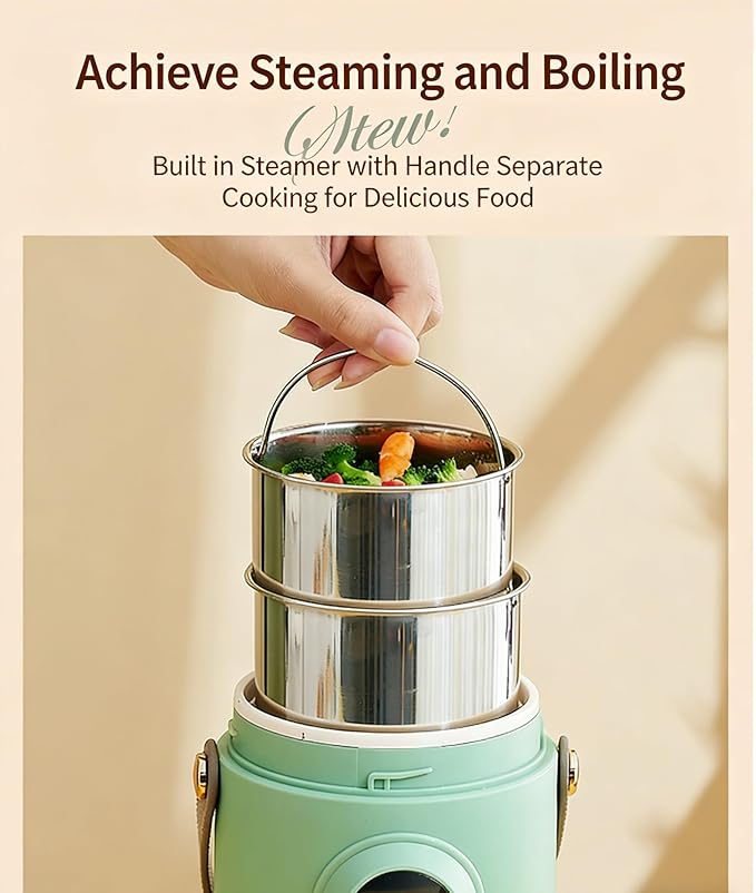 Multifunctional Health Pot, 500W Portable Mini Electric Cooker with Ceramic Glaze Inner & Steamer, Small Slow Cooker with 12-Hour Reservation, for Porridge, Rice, Soup & Steaming (800ml-Green)