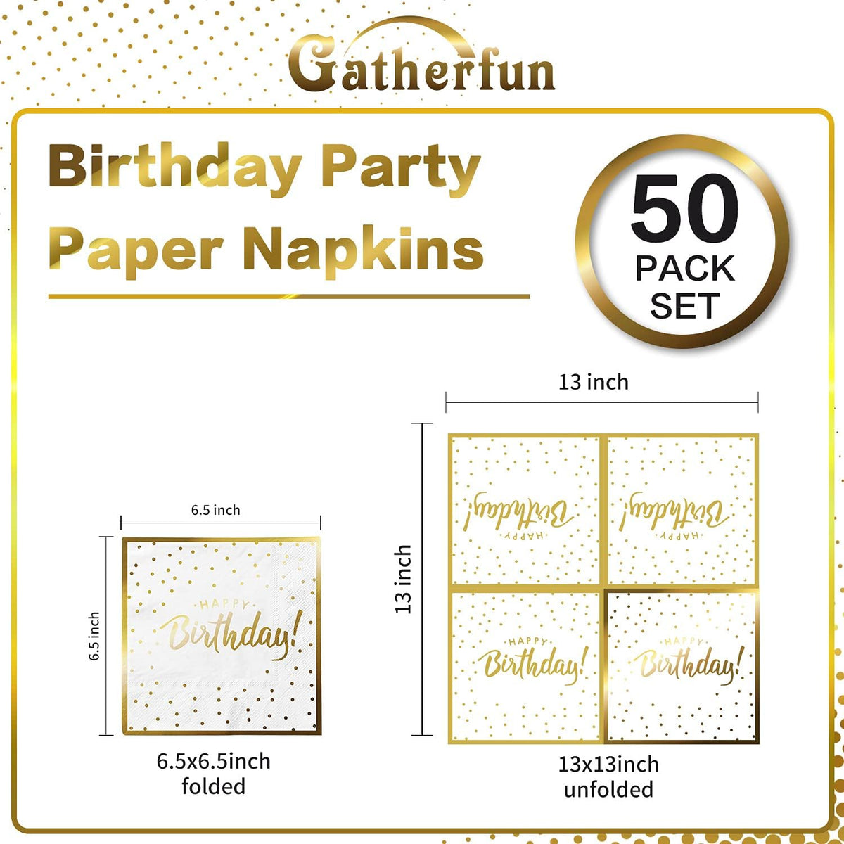 Gatherfun Birthday Party Supplies Napkins Disposable Paper Napkins with Gold Stamping for Adults and Kids Birthday Party（6.5X6.5 in, 3-Ply, 50-Pack)