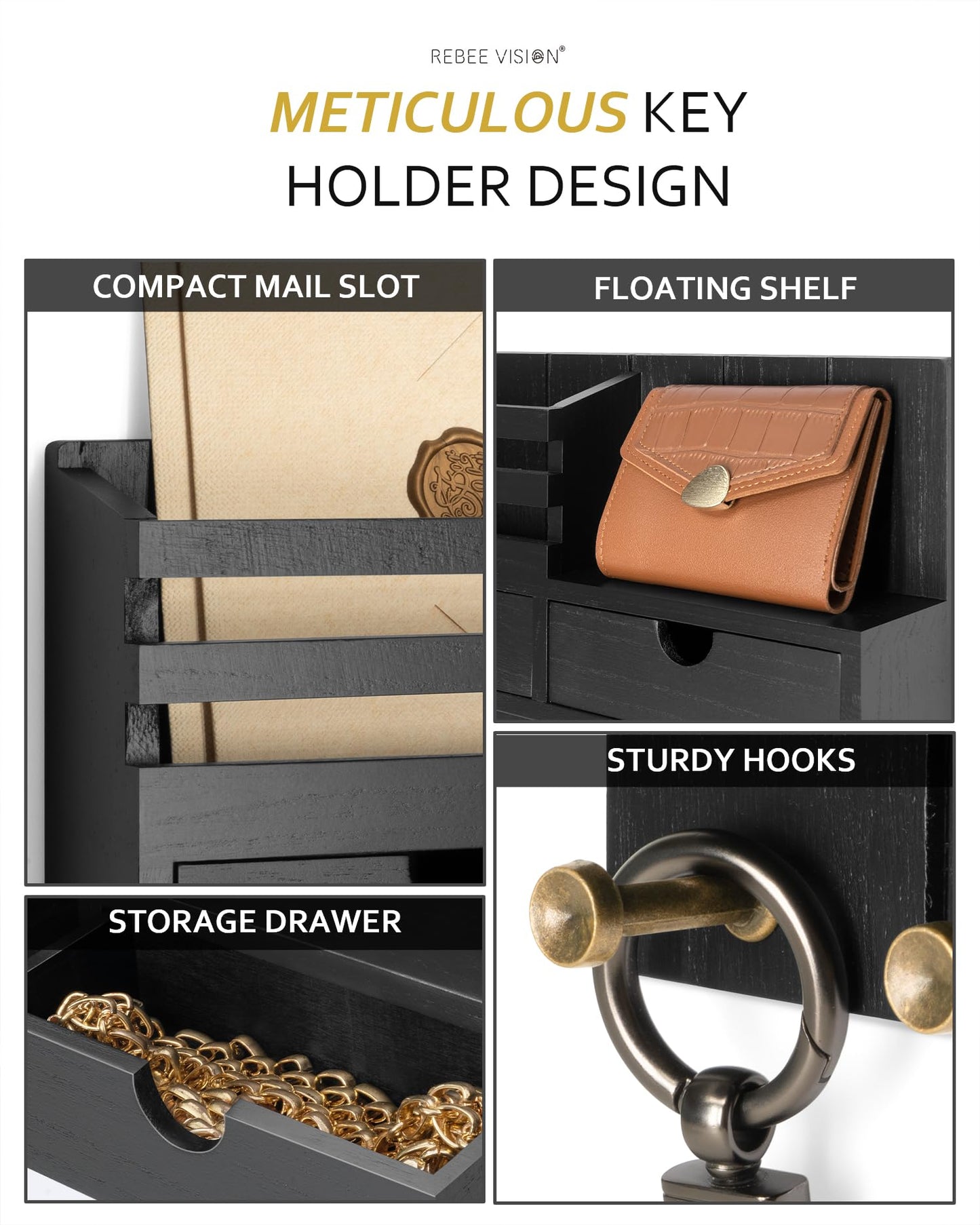 Rebee Vision Decorative Key Holder Wall Mount with 2 Drawer Organizer - Modern Mail Organizer with 6 Key Hooks & Shelf - Home Decor Aesthetic for Apartment Essentials (Black)