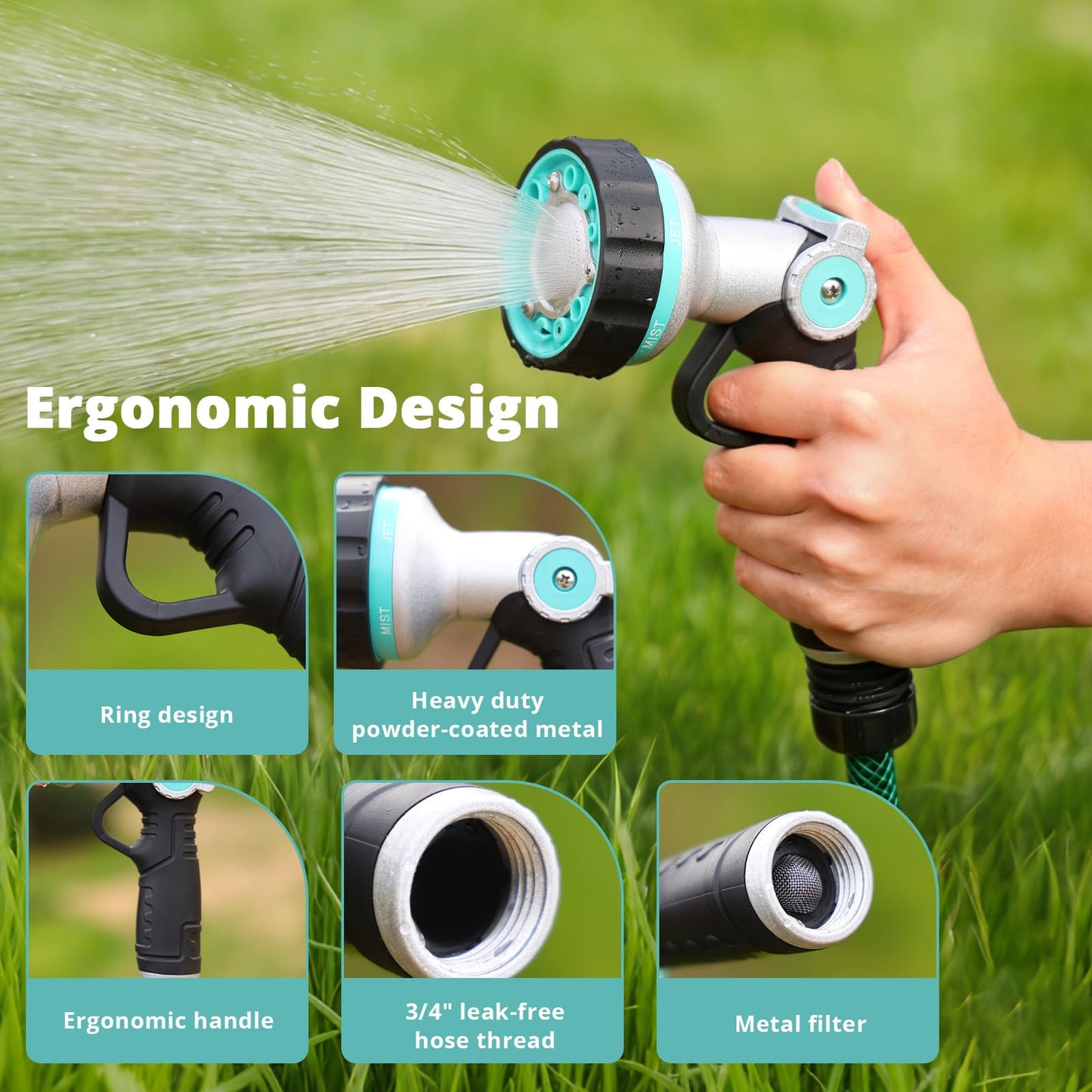 Garden Hose Nozzle Heavy Duty, 6 Adjustable Spray Patterns, Water Sprayer Nozzle with Thumb Control & Soaker Mode, Slip Resistant Hose Sprayer Nozzle for Watering Lawn, Car Wash, Pet Cleaning & Patio