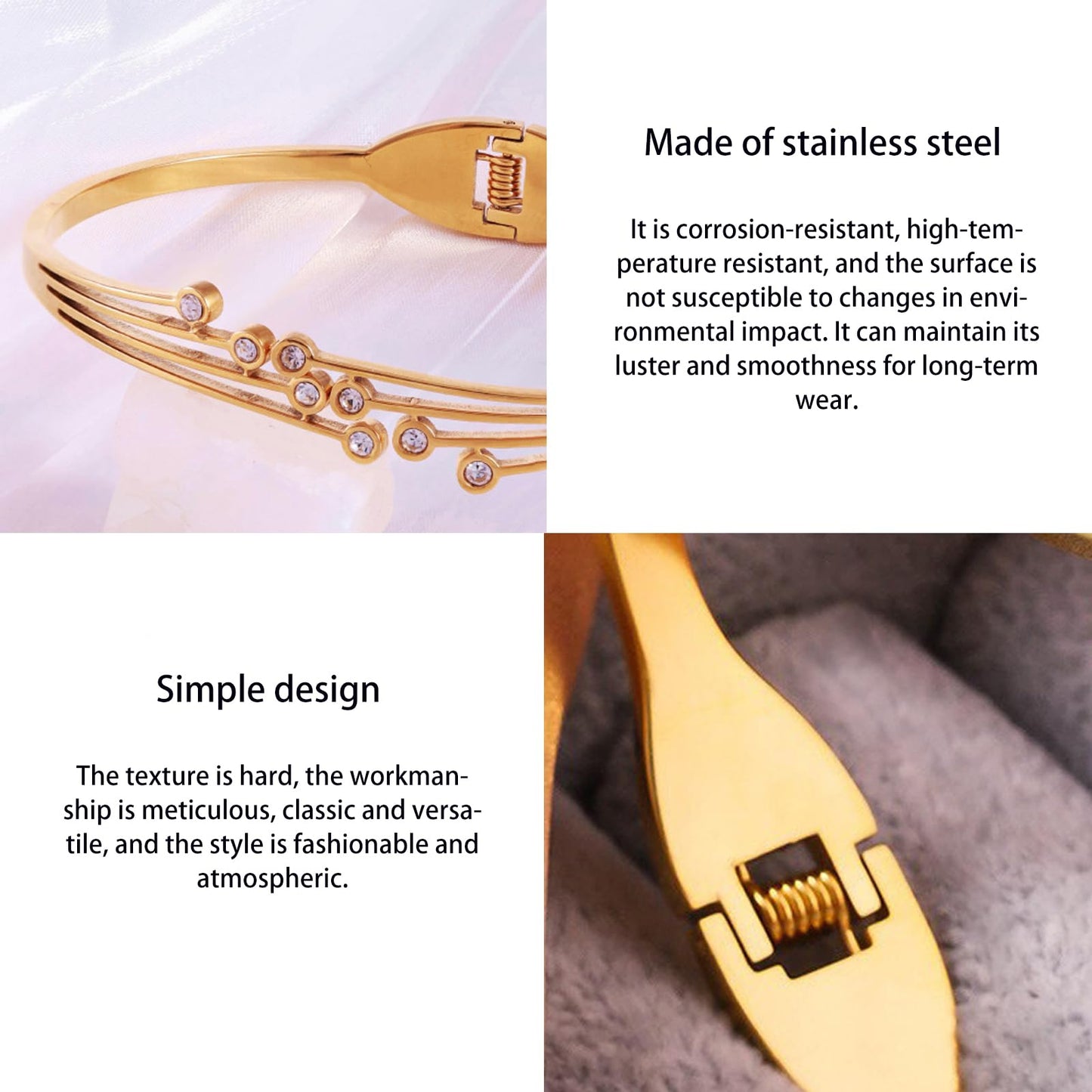 Vbvbip 18K Gold Plated 316L Stainless Steel Bangle Bracelet Collection - 12 Unique Designs + Matching Diamond-Accent Titanium Steel Chain, Gift for Women