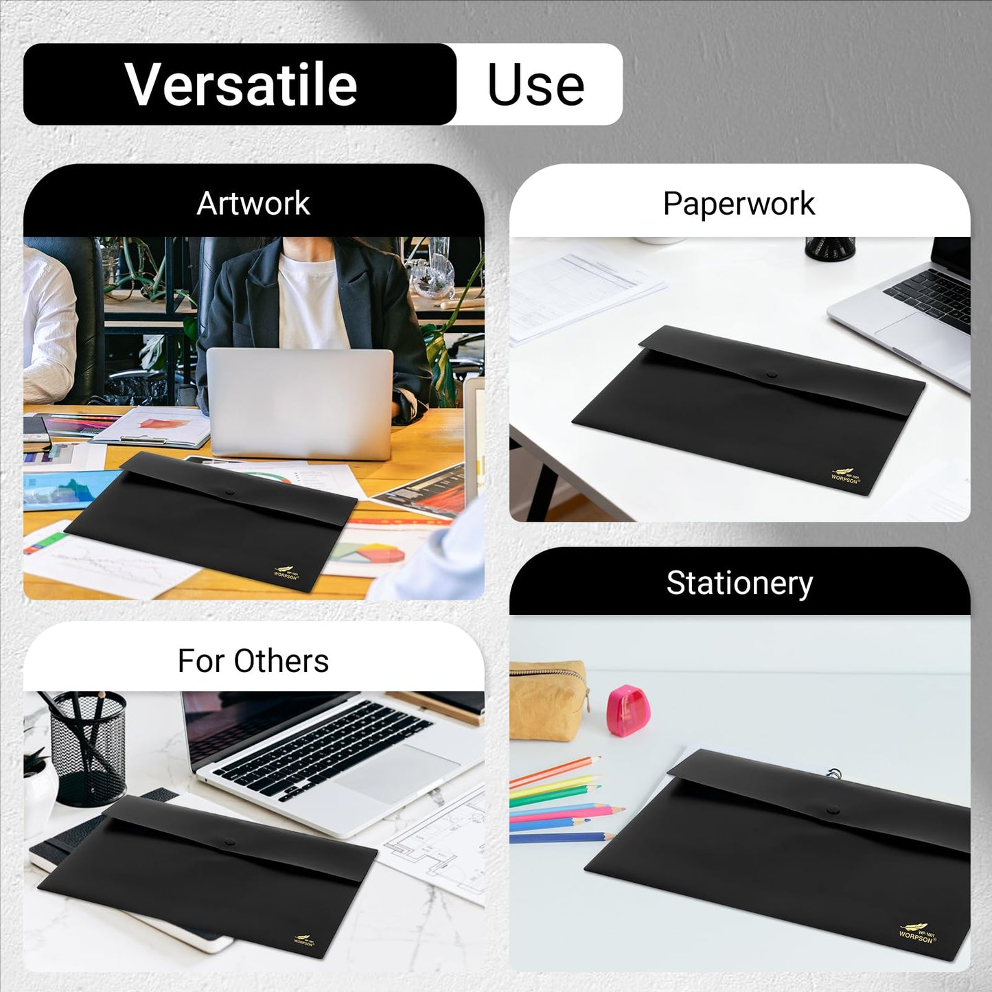 WORPSON Plastic Envelopes Folders 12mil Heavy Duty, for A4 Letter Size Paper, with Snap Closure Pack, Paperwork Plastic Wallets Document Organizer (25 Pack - Black, Horizontal)
