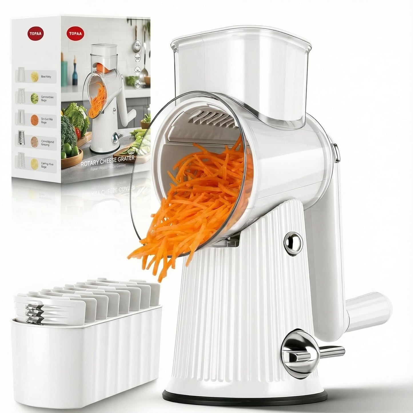 Rotary Cheese Grater with Handle - Vegetable Shredder with 5 Blades & Strong Suction Base, Round Slicer & Food Chopper for Kitchen (White)