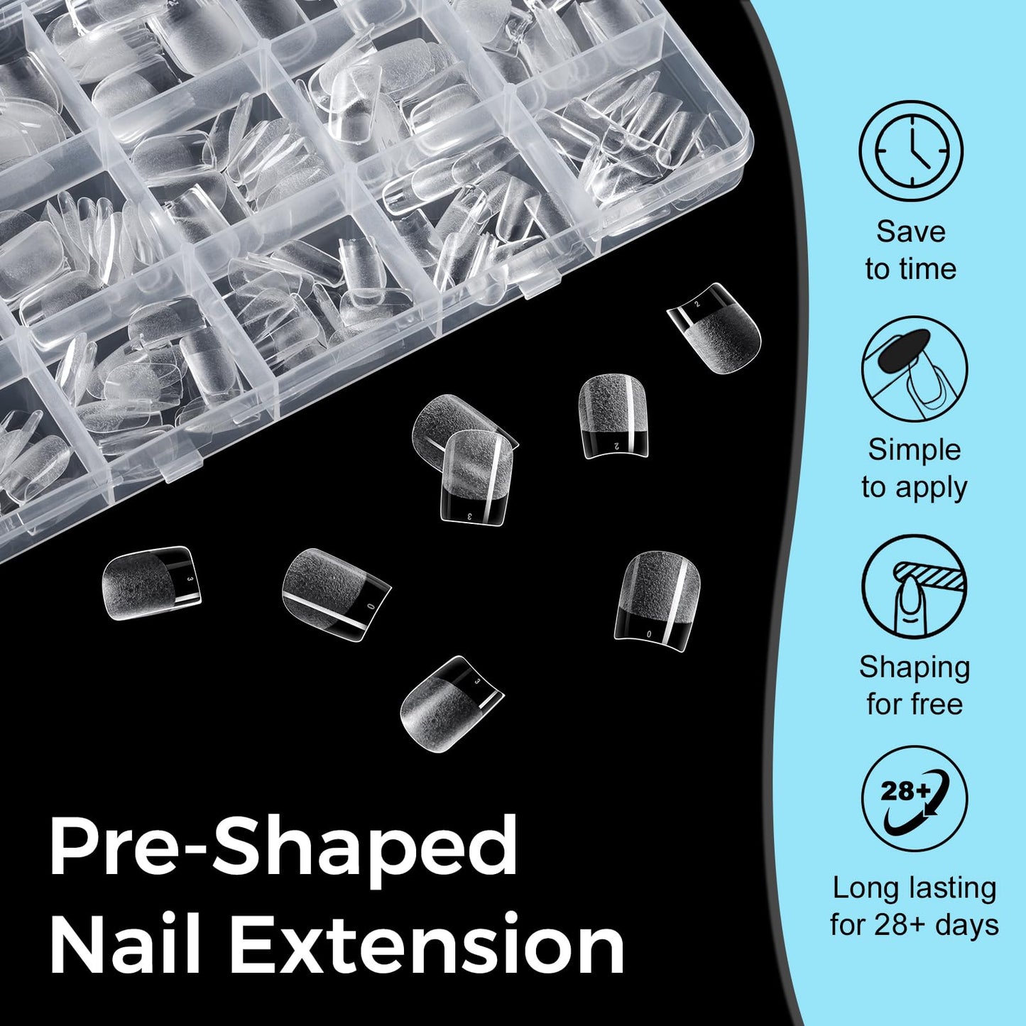 TOMICCA 240Pcs Extra Short Square Nail Tips & 4 in 1 Nail Glue 15g