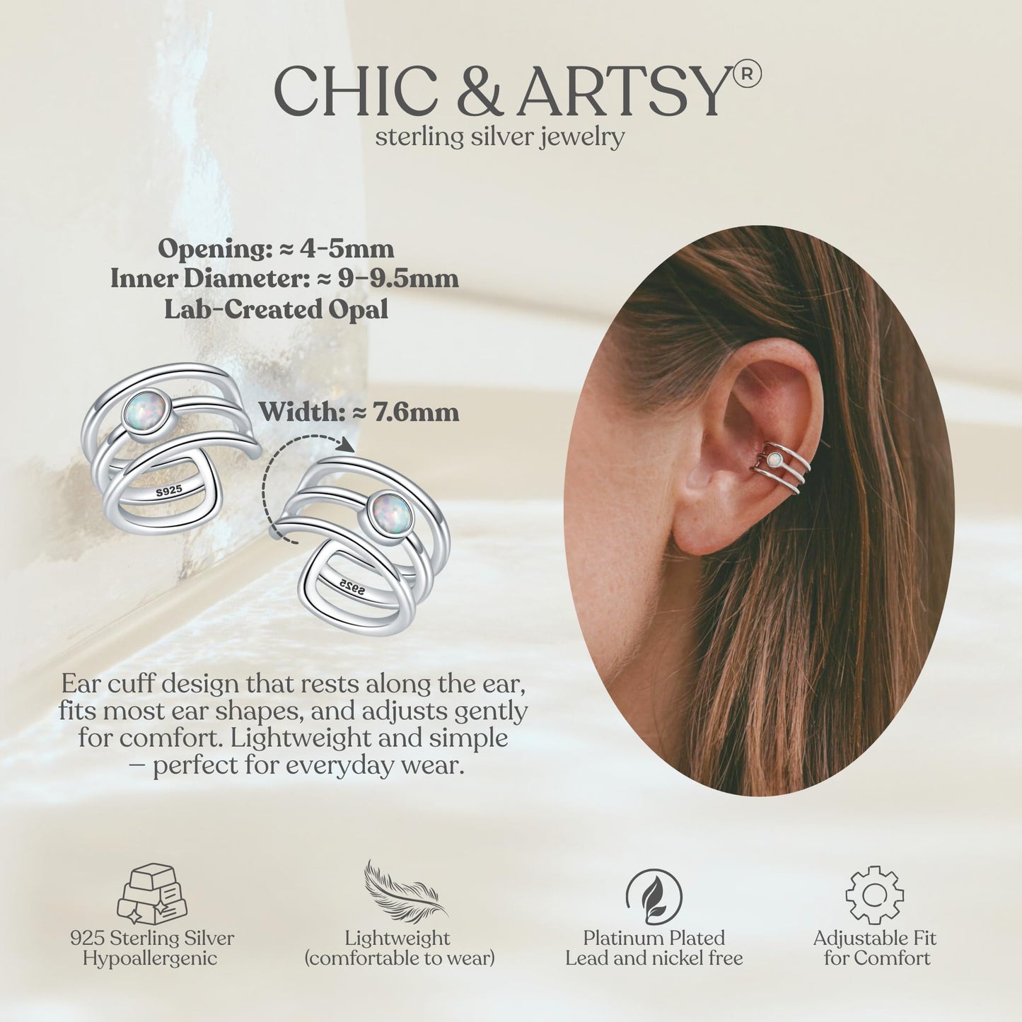 Opal Ear Cuffs 925 Sterling Silver Synthetic Opal Ear Cuffs Set Geometric Wide Non-Piercing Fake Conch Cartilage Ear Cuff Earrings for Women