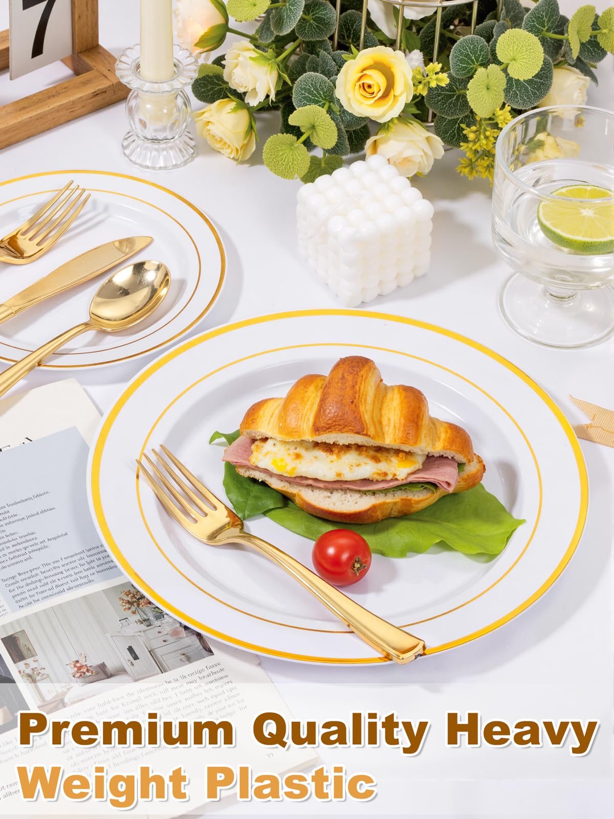 WDF 120 pieces Gold Disposable Plastic Plates - White and Gold Plates Include 10.25" Dinner Plate & 7.5" Salad Plate for Mother's Day Party Baby Shower Wedding Spring