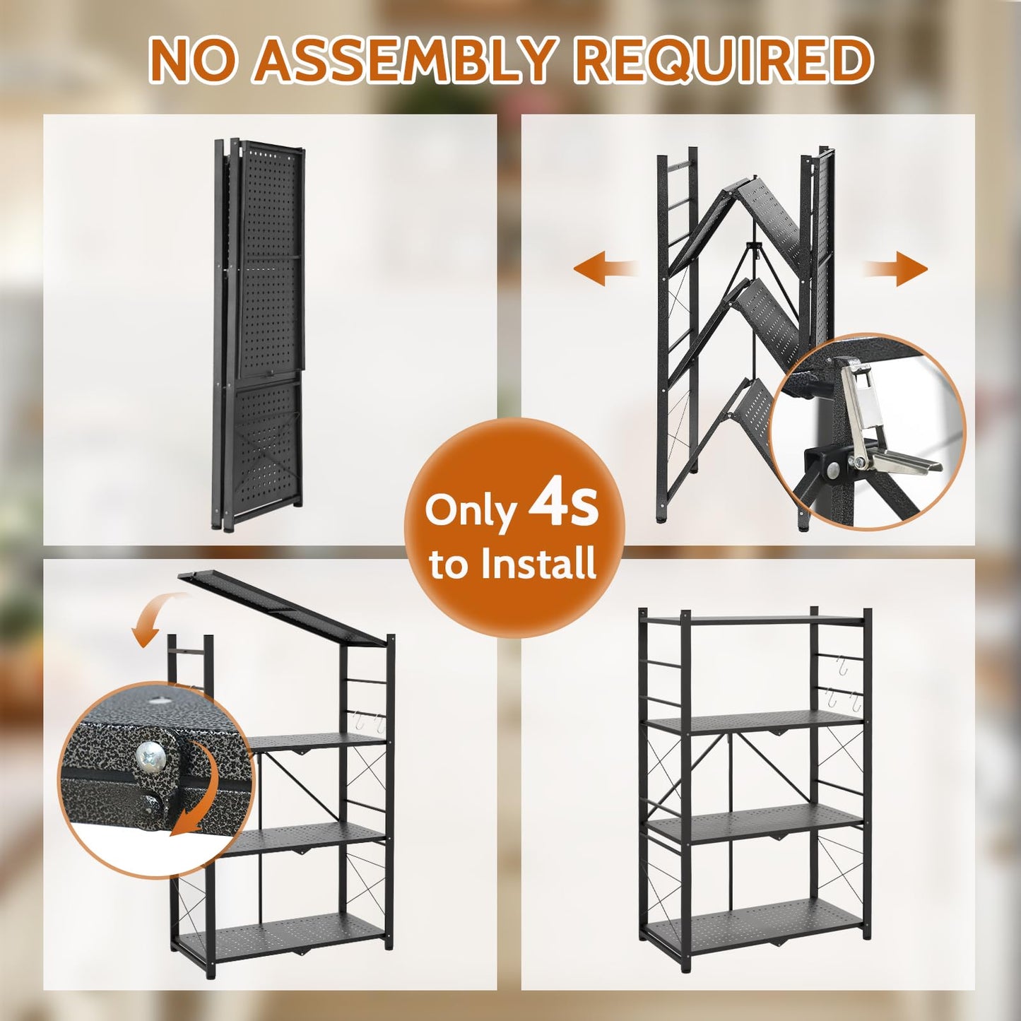 INTER HUT 4 Tier Foldable Greenhouse Shelving Unit, Heavy Duty Steel Plant Stand Storage Rack, No Assembly Required, 130lbs Per Shelf Capacity, 28"x14.6"x44.7”, 1 Pack, Black