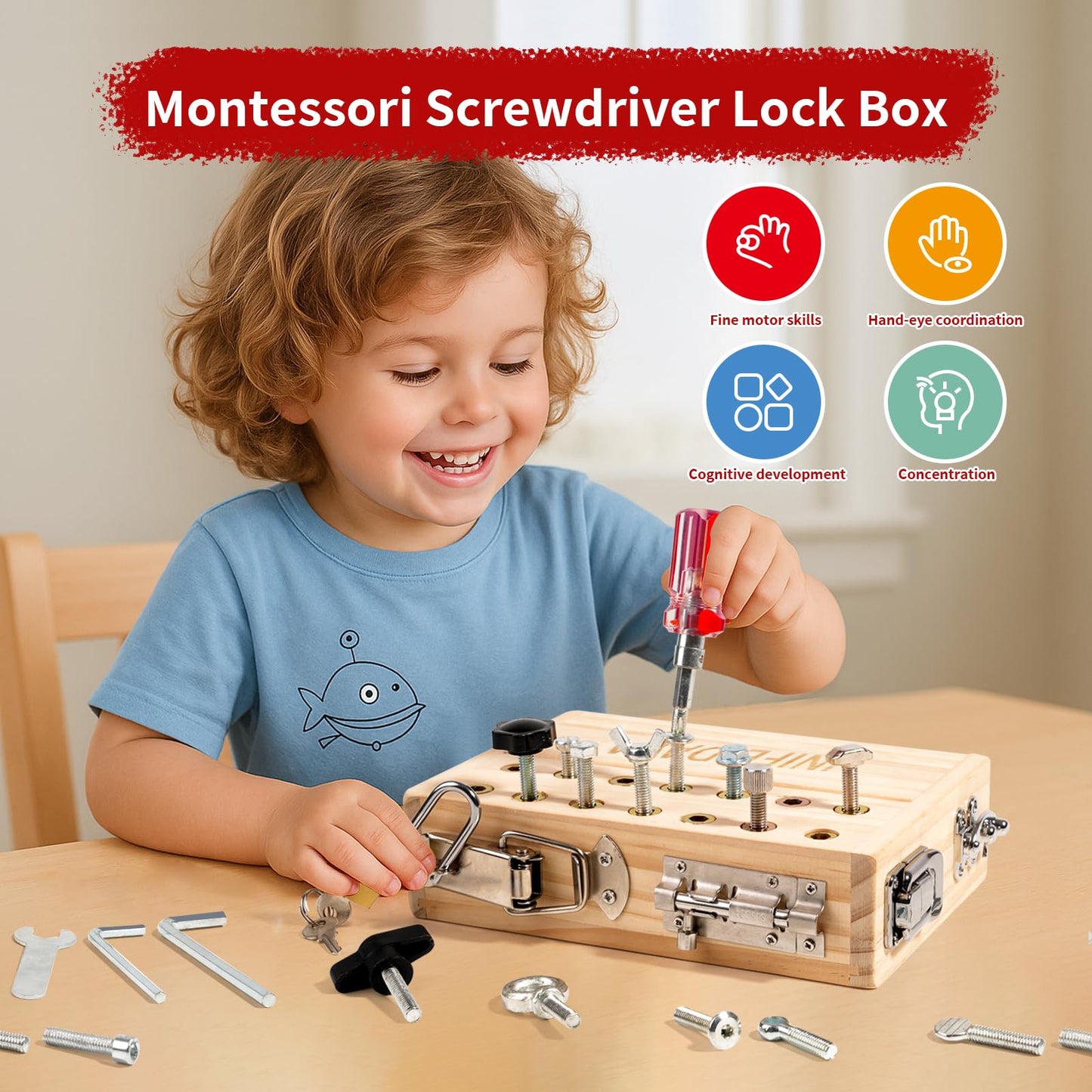 INIFEIDALA Montessori Busy Board for Toddlers Ages 3+ - Wooden Sensory Activity Board with Locks Keys & Screwdriver Tool Set - Educational STEM Learning Toy for Fine Motor Skills Development