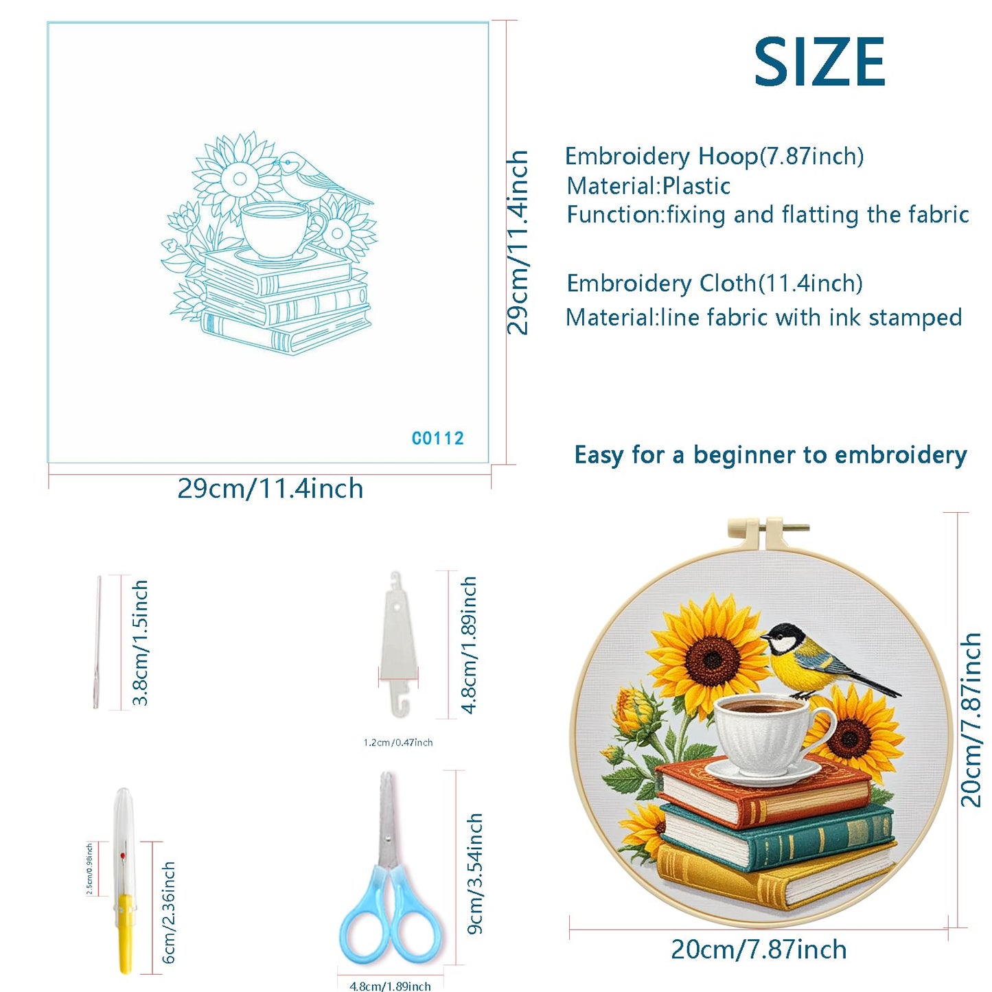 Zhenqing 4-Piece Embroidery Kit for Beginners - Complete Set with Pre-Printed 29x29cm Cotton Fabric, Hoop, Threads & Tools (Books, Hot Air Balloon, Wildflowers, Gramophone Designs)(C0159)