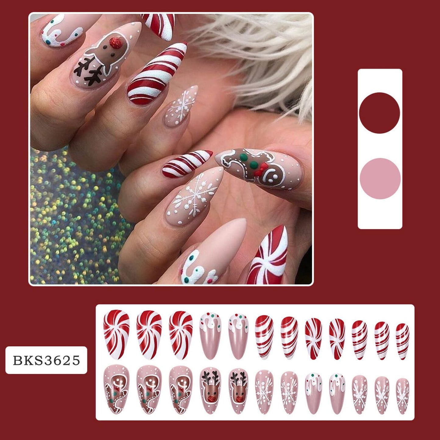 CJDLTS Snowflake Press on Nails Medium Artificial Almond Acrylic False Nails Cute Elk Gingerbread Man Design Stick on Nail Christmas Fake Nail Full Cover Winter Artificial Fingernails for Women 24Pcs