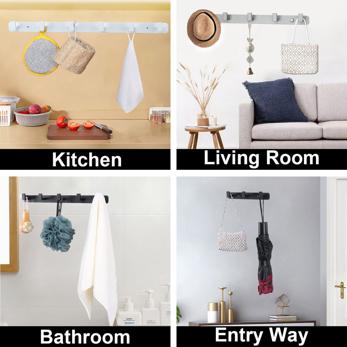 Vanloory Coat Rack, Heavy Duty Stainless Steel 6 Tri Coat Hook Hanger, Wall Mounted Storage Wall Hooks, Rustic Clothes Hook/Key Hook Rail for Bathroom Kitchen Entryway(6 Hook Black)