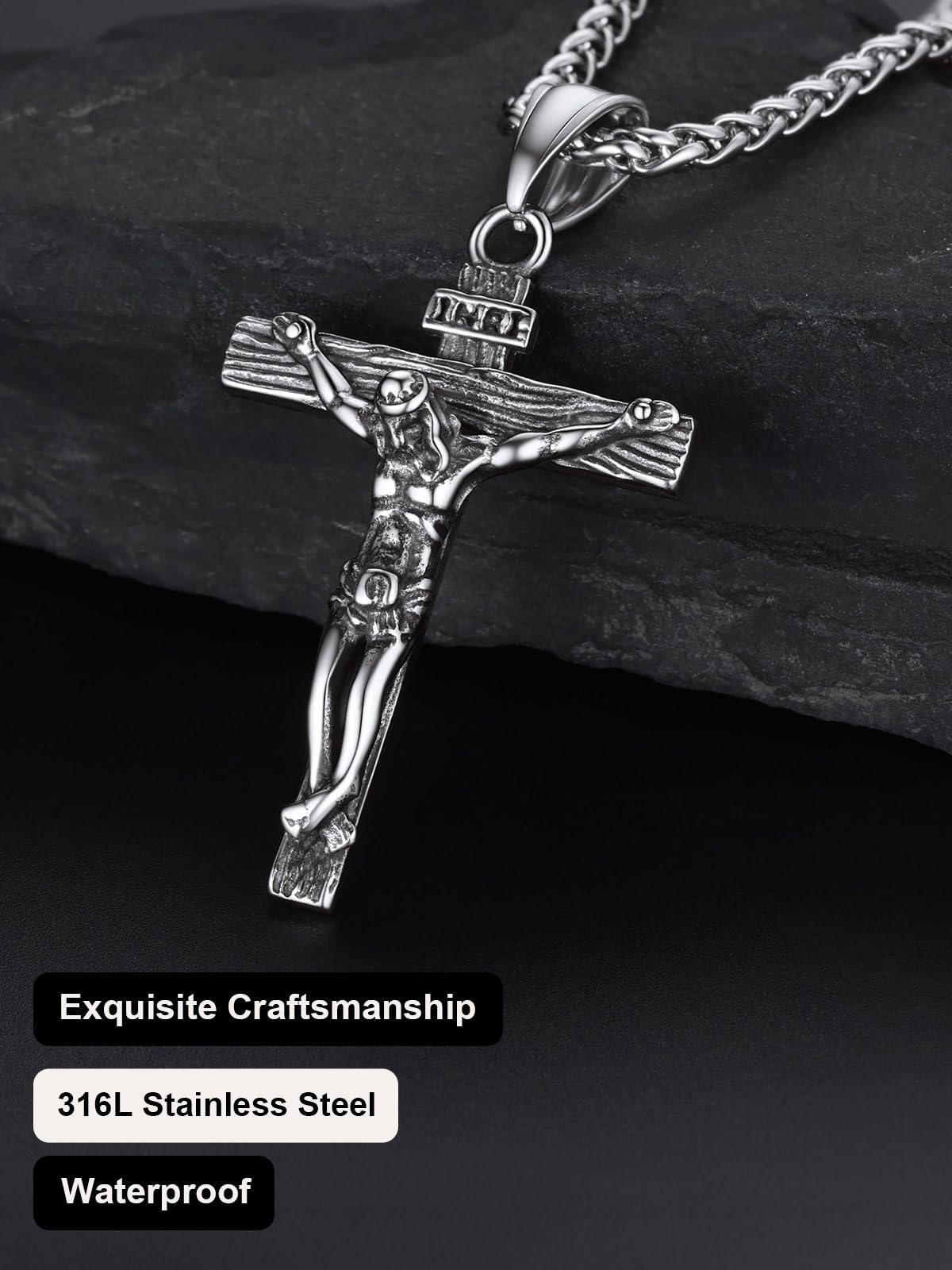U7 Crucifix Cross Necklace Stainless Steel Crucifix Necklace Cross Pendant for Men with Rope Chain 24"(Silver)